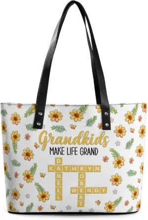 Personalized Custom Leather Tote Bag Handbags with Birth Month Flowers Name,Mothers Day Gift for Mom Grandma