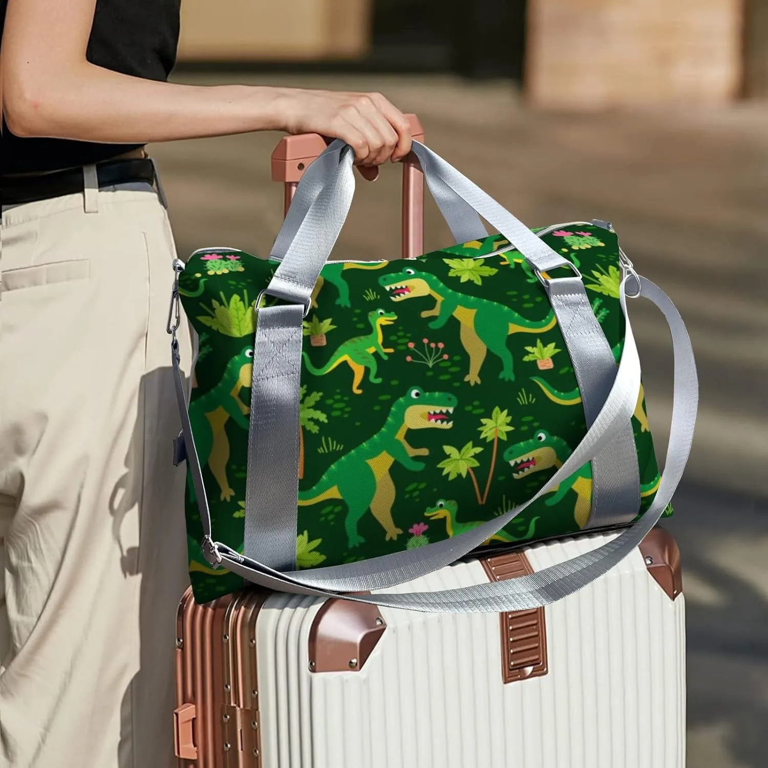 Personalized Dinosaur Print Green Tree Dance Bag Girls Yoga Bag Dance Bag With Name,Patch Travel Duffel Bag Women Cheerleader Bag Sport Duffle Bag for Gym Ballet