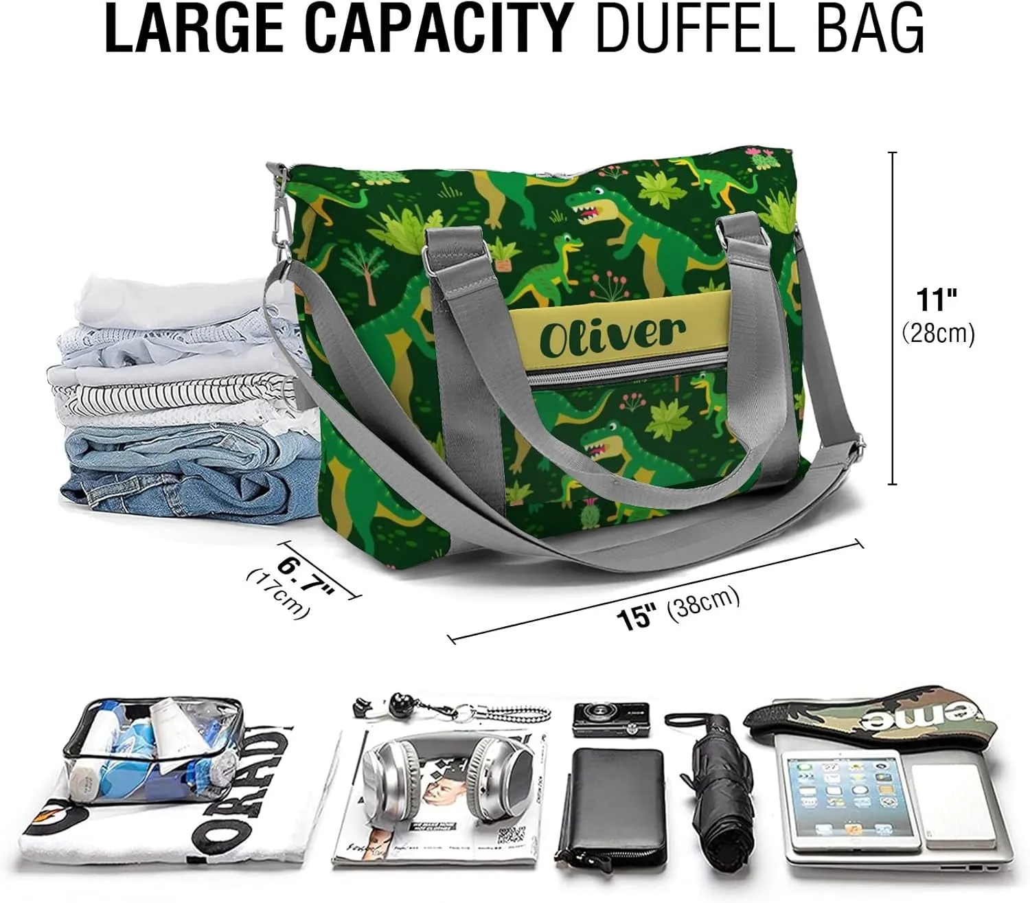 Personalized Dinosaur Print Green Tree Dance Bag Girls Yoga Bag Dance Bag With Name,Patch Travel Duffel Bag Women Cheerleader Bag Sport Duffle Bag for Gym Ballet