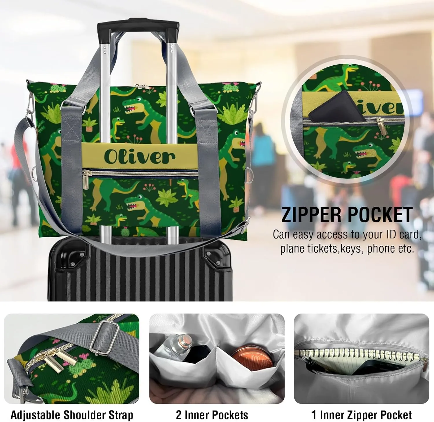 Personalized Dinosaur Print Green Tree Dance Bag Girls Yoga Bag Dance Bag With Name,Patch Travel Duffel Bag Women Cheerleader Bag Sport Duffle Bag for Gym Ballet