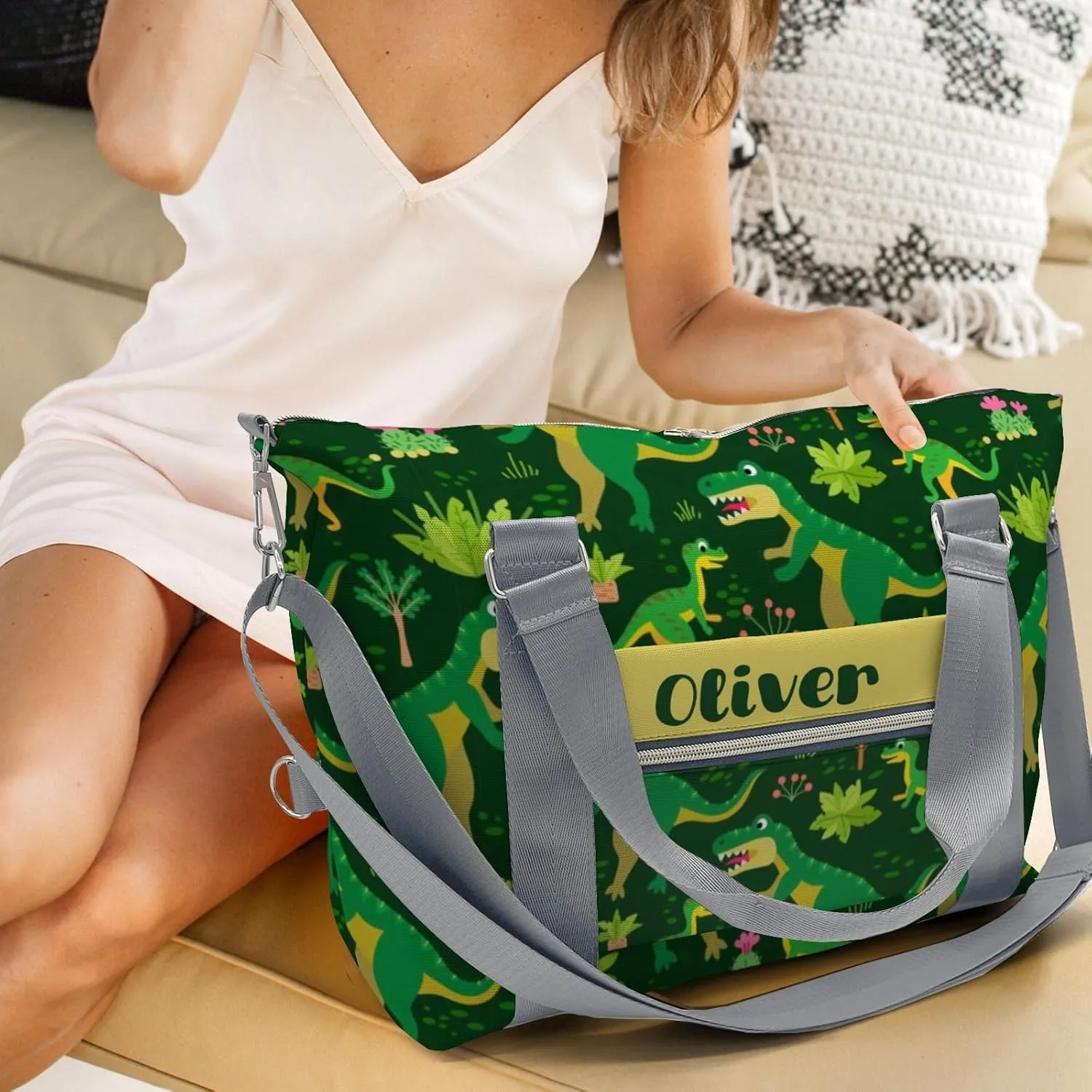 Personalized Dinosaur Print Green Tree Dance Bag Girls Yoga Bag Dance Bag With Name,Patch Travel Duffel Bag Women Cheerleader Bag Sport Duffle Bag for Gym Ballet