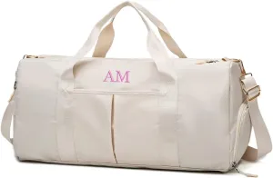 Personalized Duffel Bag Embroidered Sports Gym Bag Travel with Wet Dry Pockets & Shoe Compartment Gift For Groomsman,Bridesmaid (Beige)