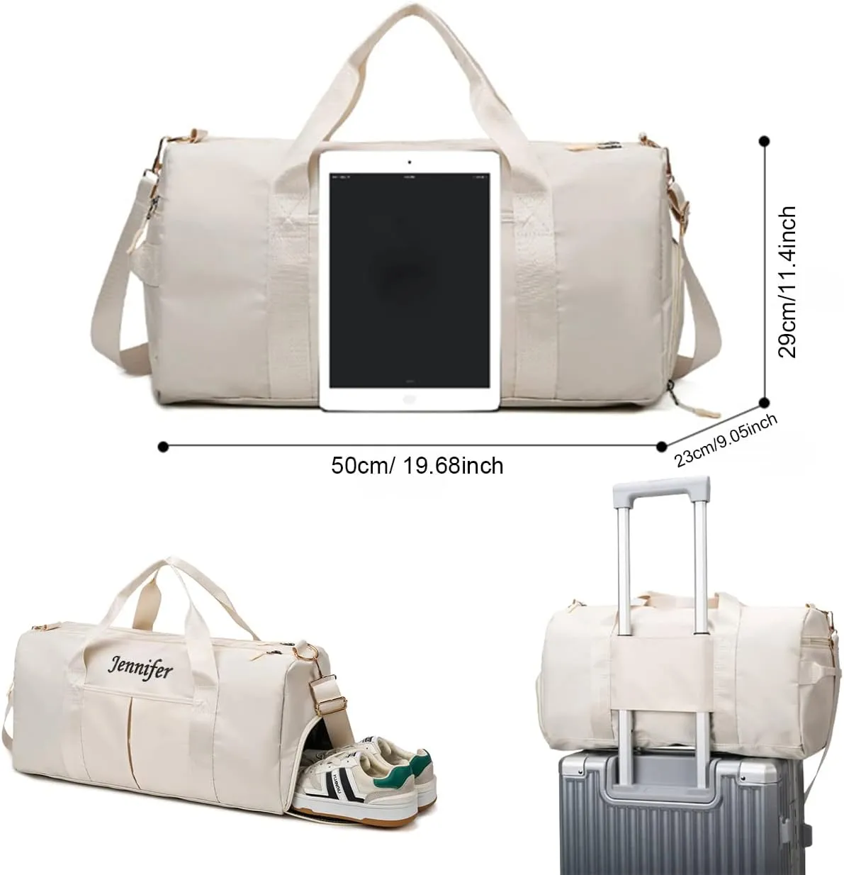 Personalized Duffel Bag Embroidered Sports Gym Bag Travel with Wet Dry Pockets & Shoe Compartment Gift For Groomsman,Bridesmaid (Beige)
