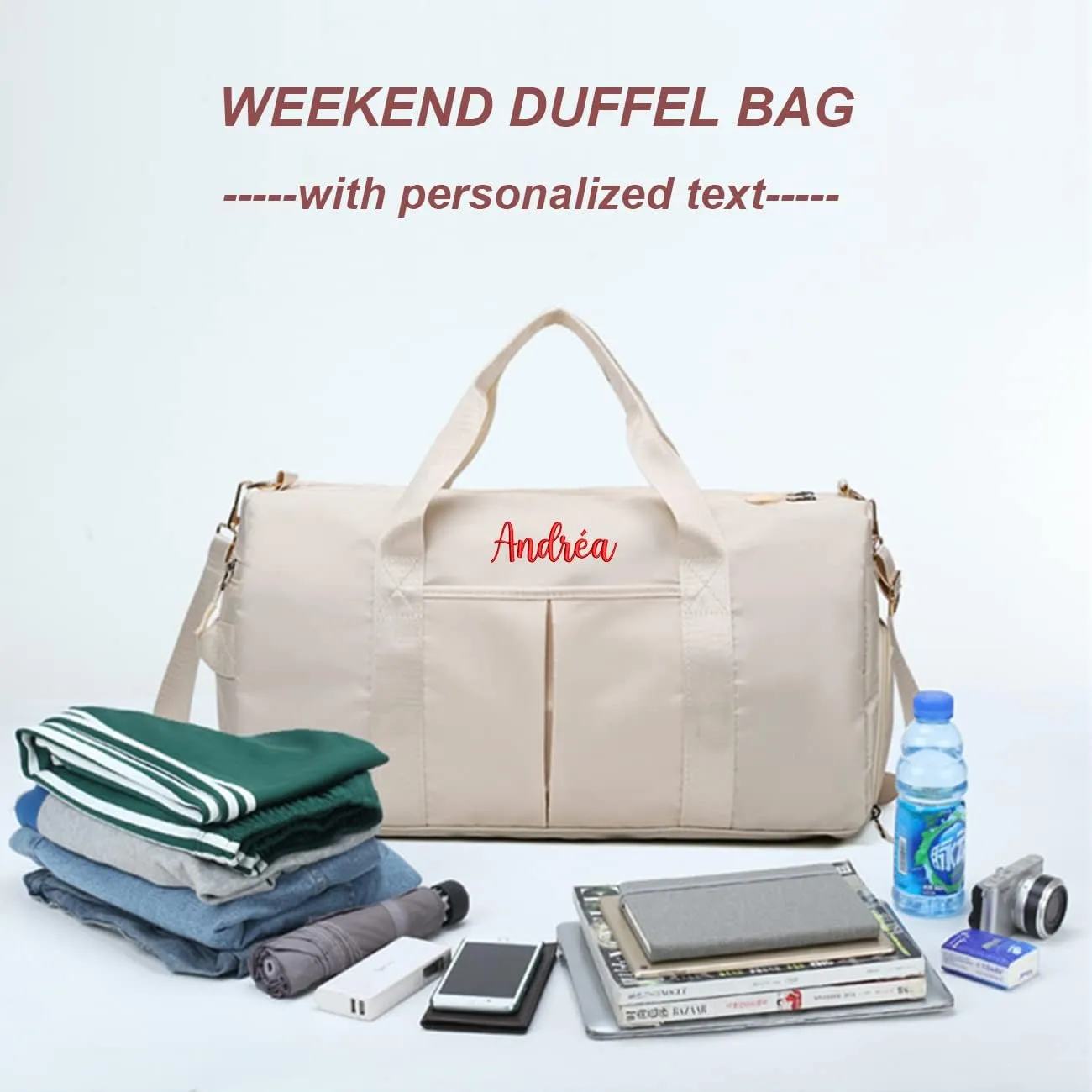 Personalized Duffel Bag Embroidered Sports Gym Bag Travel with Wet Dry Pockets & Shoe Compartment Gift For Groomsman,Bridesmaid (Beige)