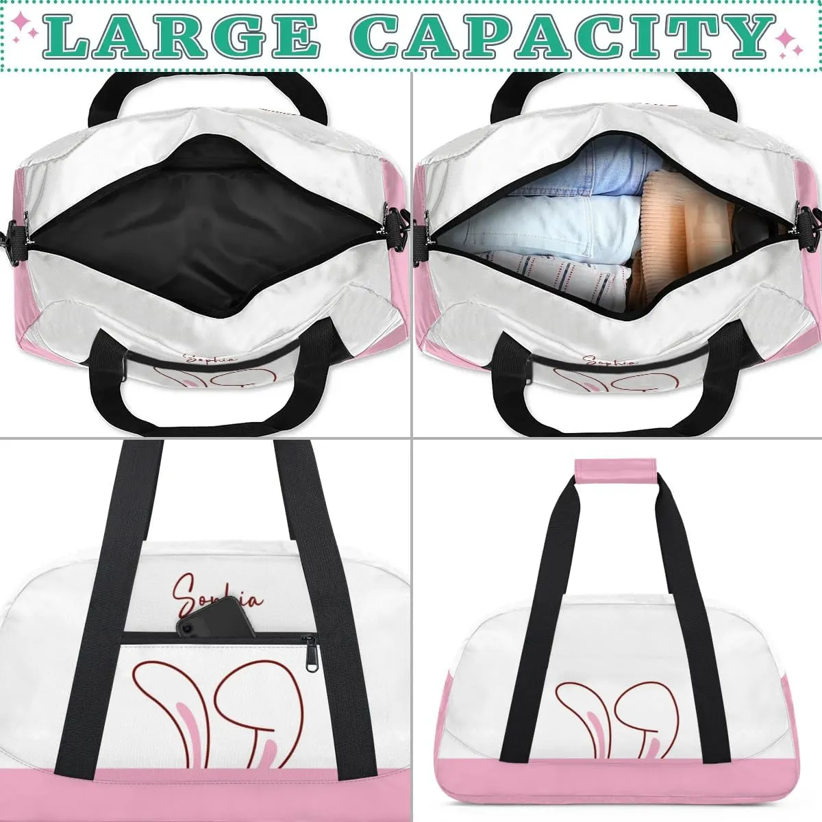 Personalized Duffel Bag for Girls Gym Bag with Name Small Dance Bag for Girls Overnight Tote Bag for Kids Pink Ears Travel Tote Bag