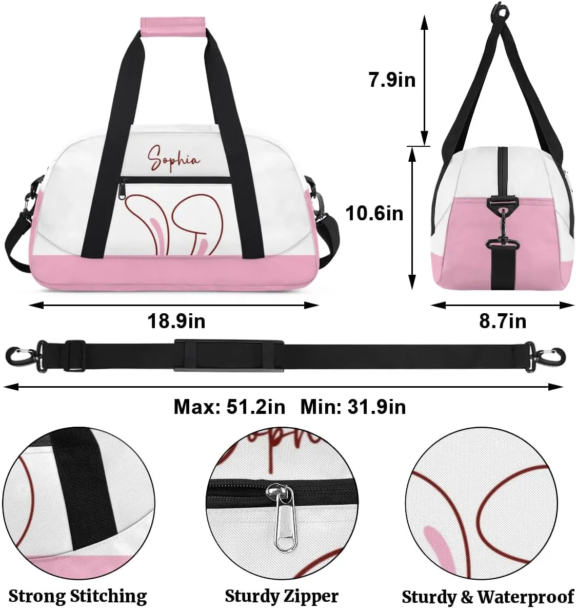 Personalized Duffel Bag for Girls Gym Bag with Name Small Dance Bag for Girls Overnight Tote Bag for Kids Pink Ears Travel Tote Bag