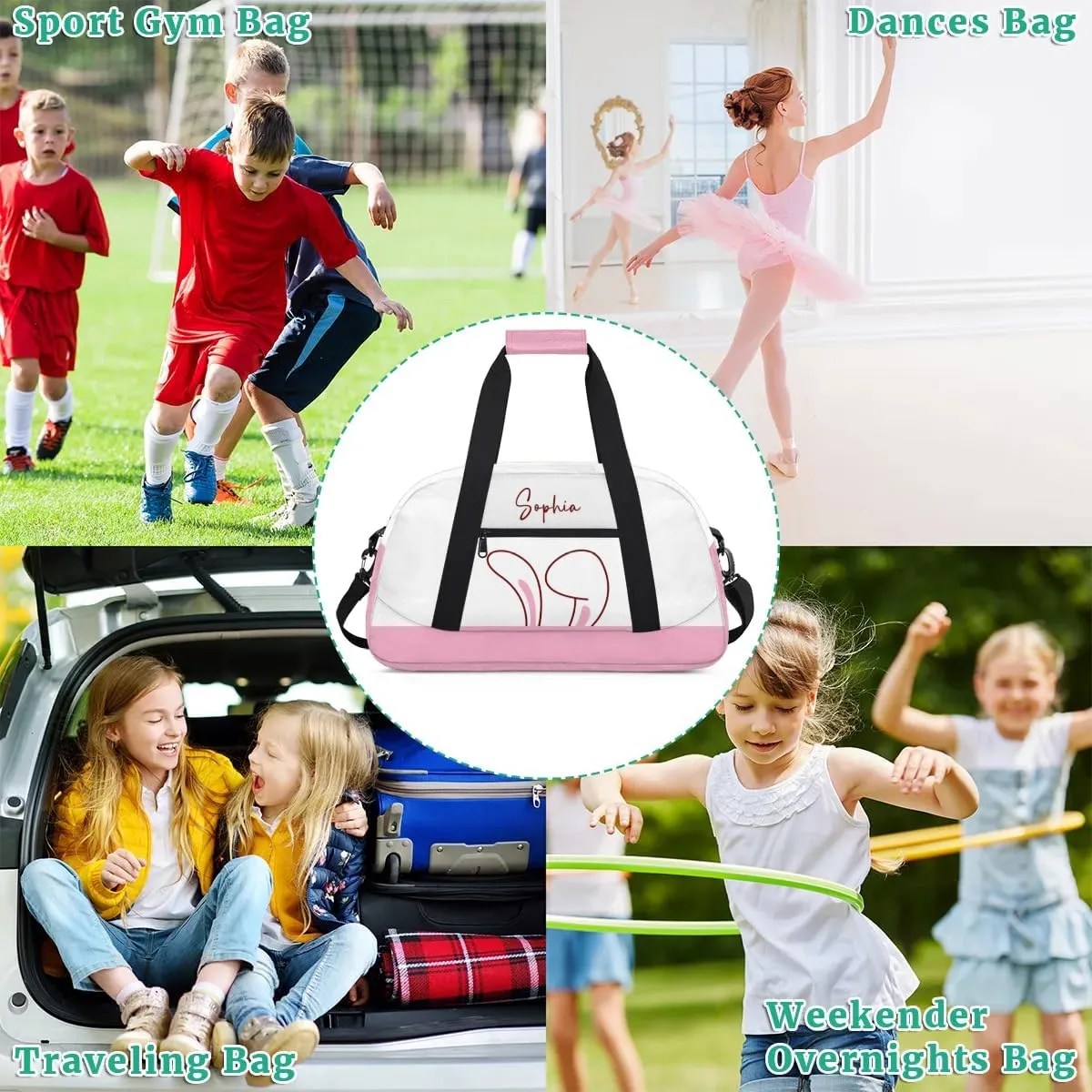 Personalized Duffel Bag for Girls Gym Bag with Name Small Dance Bag for Girls Overnight Tote Bag for Kids Pink Ears Travel Tote Bag