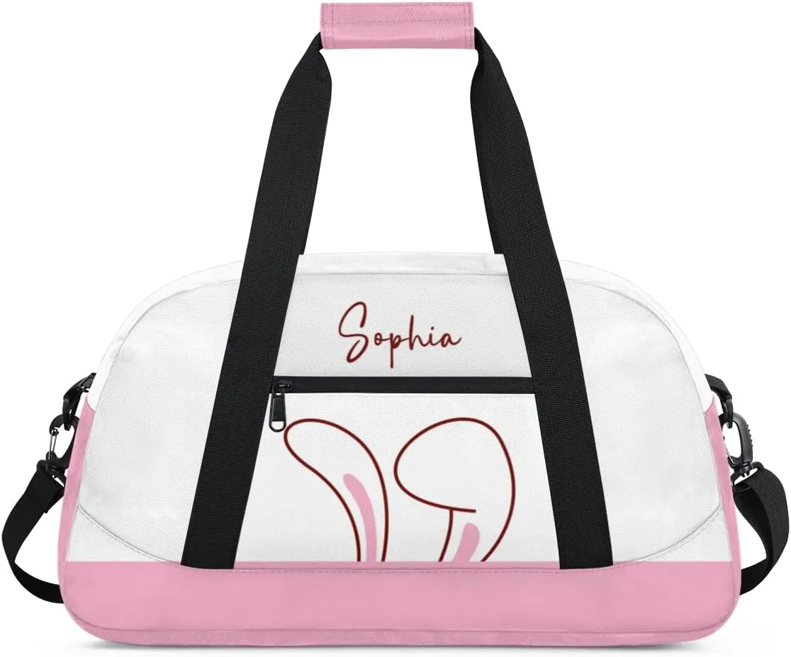 Personalized Duffel Bag for Girls Gym Bag with Name Small Dance Bag for Girls Overnight Tote Bag for Kids Pink Ears Travel Tote Bag