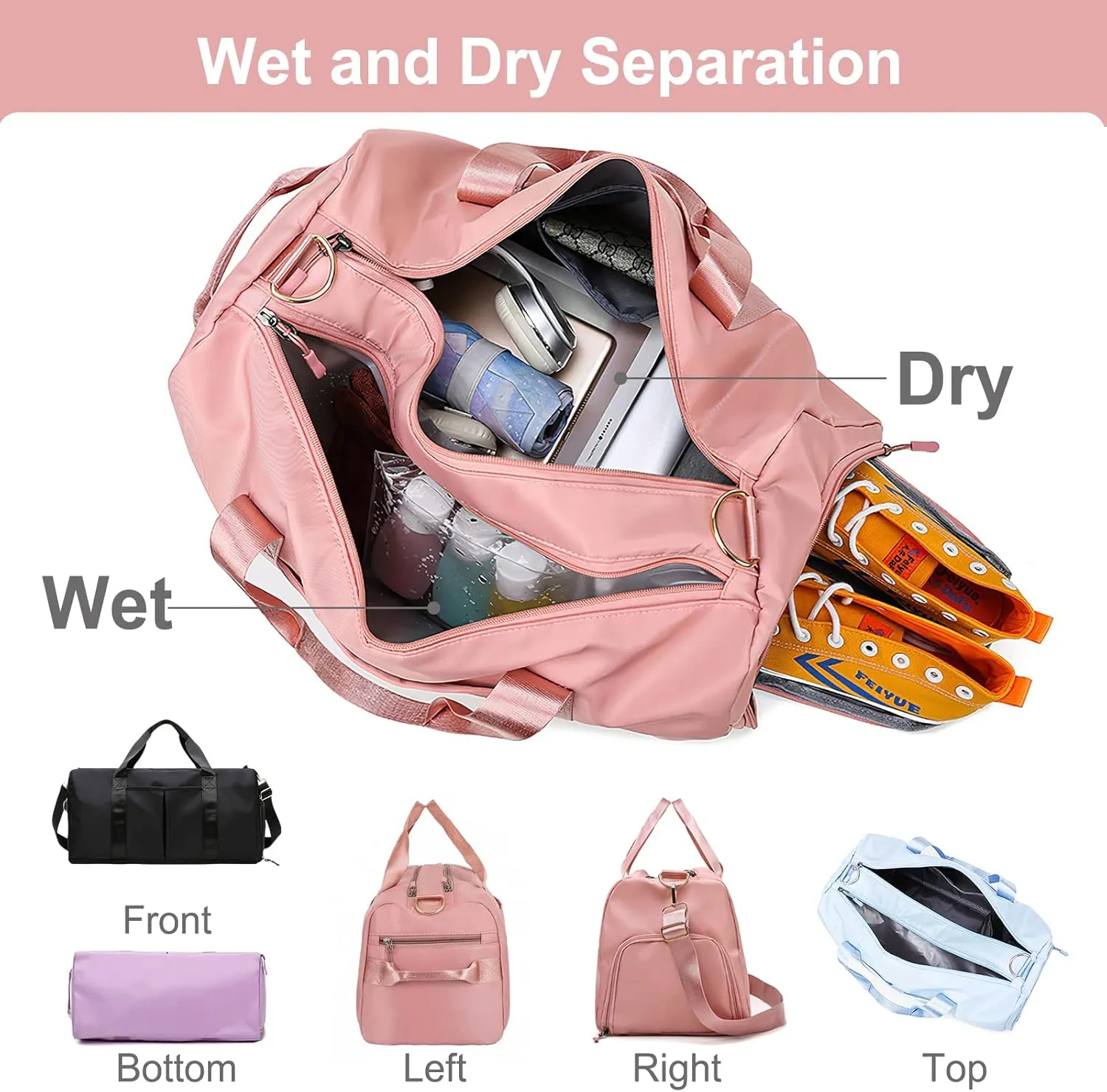 Personalized Duffel Travel Bag Embroidered Name Custom Sports Gym Bags Customized Dance Bag with Wet Dry Pockets & Shoe Weekender Overnight Bridesmaid Gift-Pink