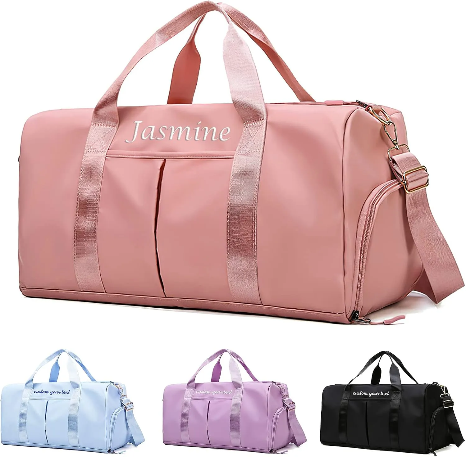 Personalized Duffel Travel Bag Embroidered Name Custom Sports Gym Bags Customized Dance Bag with Wet Dry Pockets & Shoe Weekender Overnight Bridesmaid Gift-Pink