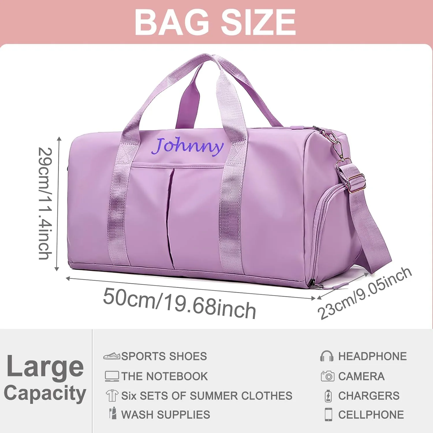 Personalized Duffel Travel Bag Embroidered Name Custom Sports Gym Bags Customized Dance Bag with Wet Dry Pockets & Shoe Weekender Overnight Bridesmaid Gift-Pink