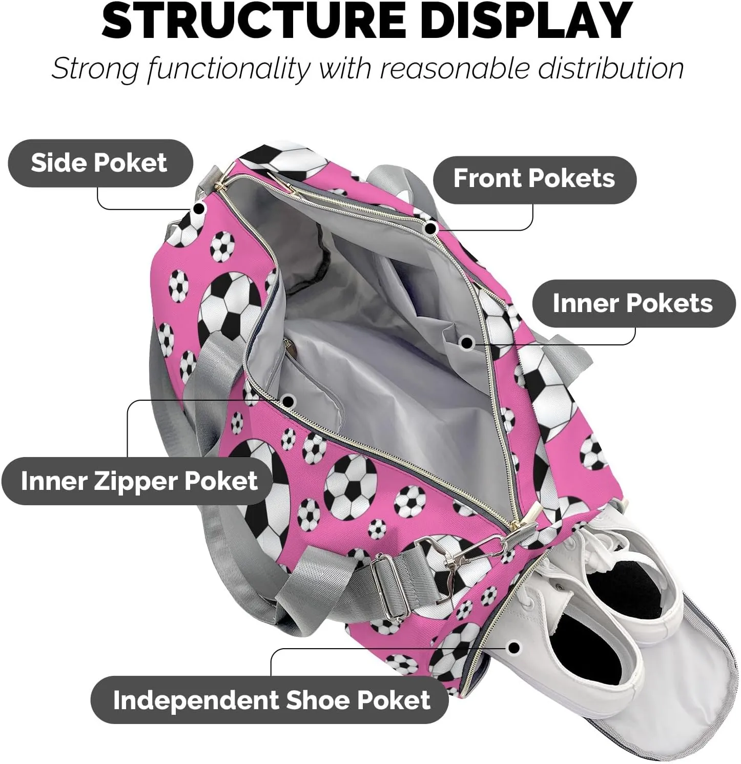 Personalized Duffle Bag with Name,Sport Soccer Balls Pink Custom Overnight Bag Travel Bag Gym Duffle Bag for Travel Weekend Sleepover Bag