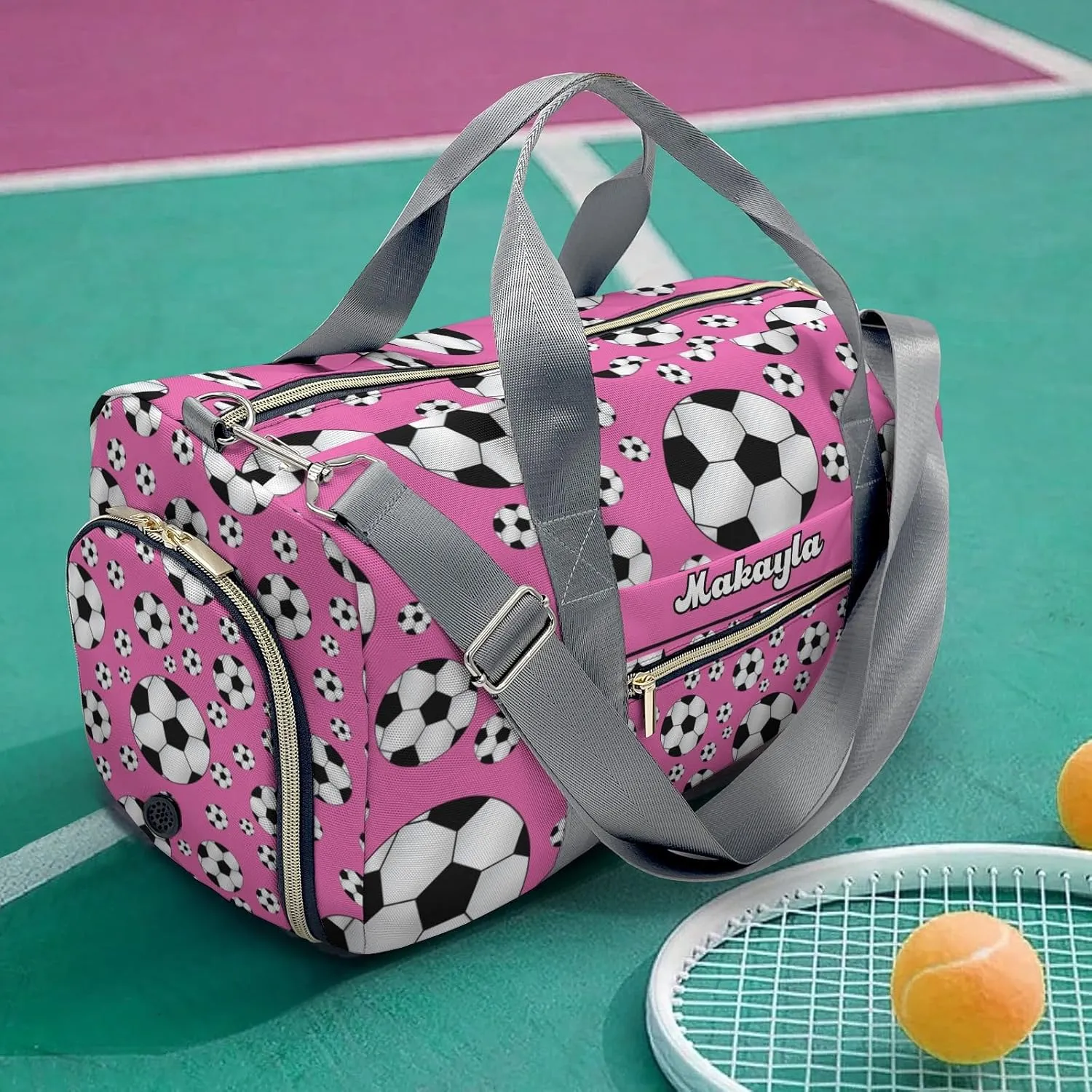 Personalized Duffle Bag with Name,Sport Soccer Balls Pink Custom Overnight Bag Travel Bag Gym Duffle Bag for Travel Weekend Sleepover Bag