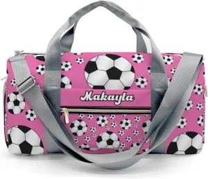 Personalized Duffle Bag with Name,Sport Soccer Balls Pink Custom Overnight Bag Travel Bag Gym Duffle Bag for Travel Weekend Sleepover Bag