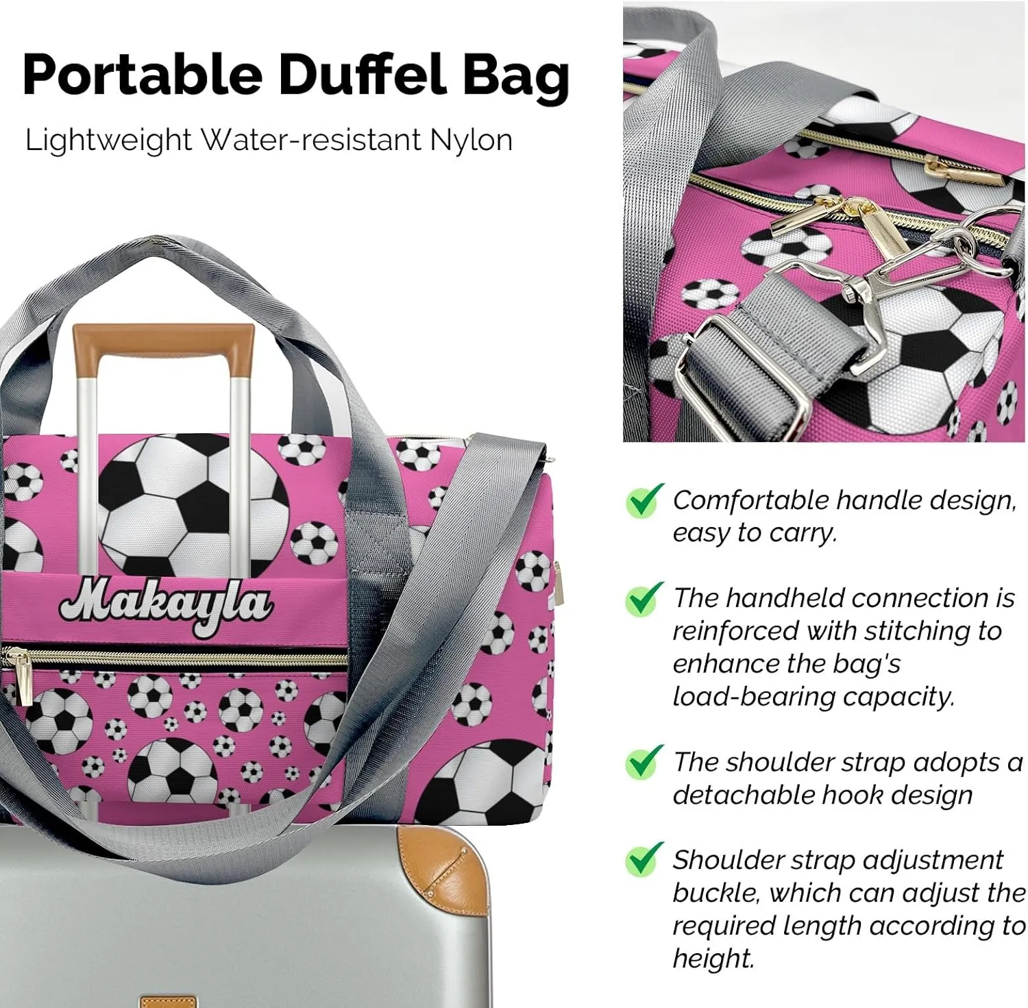 Personalized Duffle Bag with Name,Sport Soccer Balls Pink Custom Overnight Bag Travel Bag Gym Duffle Bag for Travel Weekend Sleepover Bag