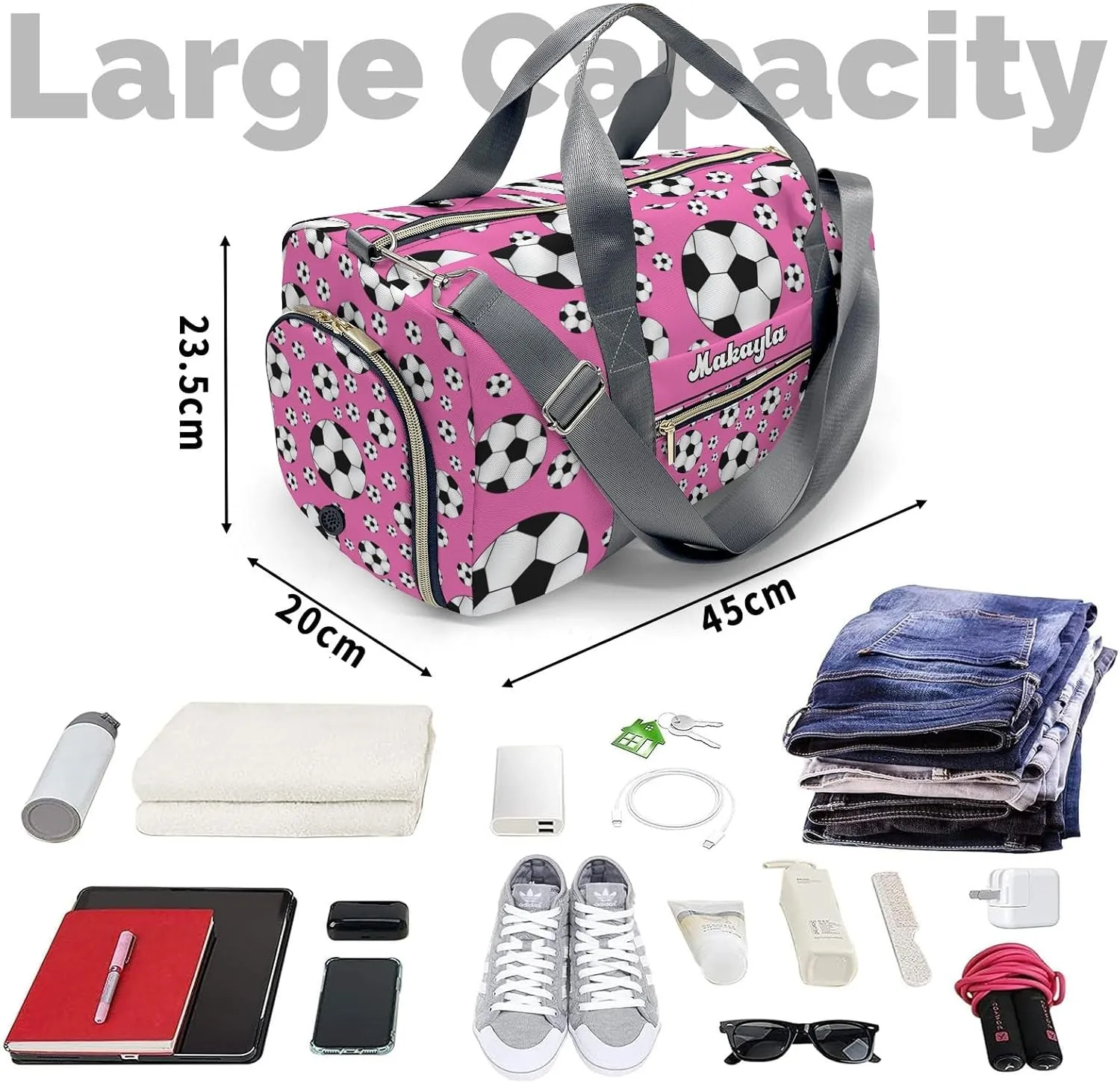 Personalized Duffle Bag with Name,Sport Soccer Balls Pink Custom Overnight Bag Travel Bag Gym Duffle Bag for Travel Weekend Sleepover Bag