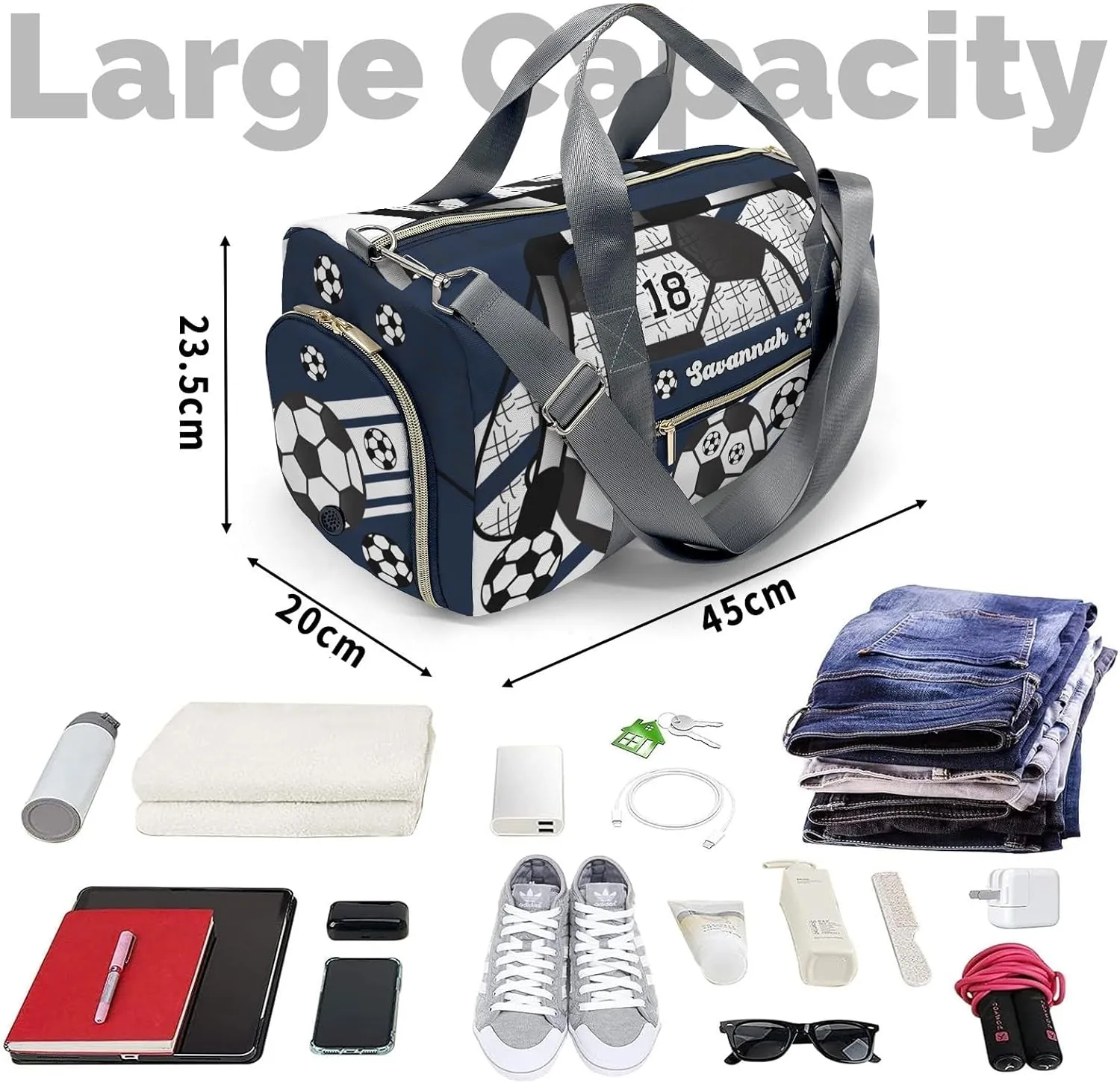 Personalized Football Soccer Ball Number Navy Dance Bag Girls Yoga Bag Dance Bag With Name,Patch Travel Duffel Bag Sport Duffle Bag for Gym