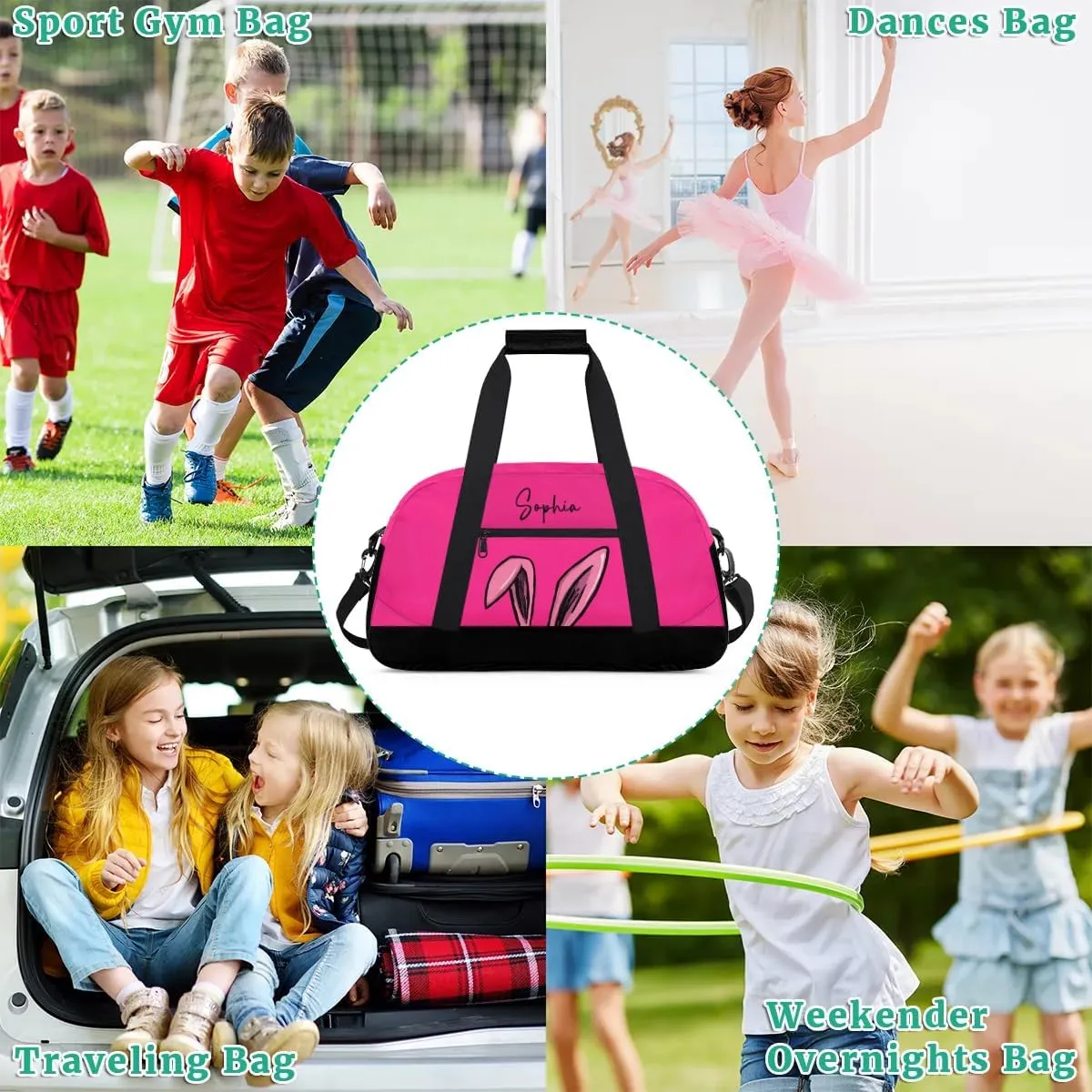 Personalized-Girls-Duffel-Bag Gym Bag with Name Small Kids Luggage-Bag Bunny Ears Pink Dance-Bag for Girls