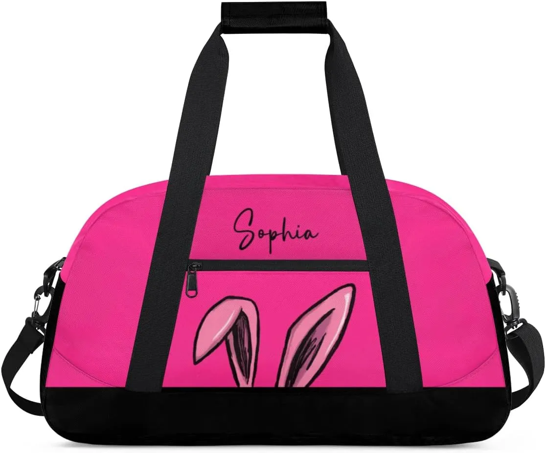 Personalized-Girls-Duffel-Bag Gym Bag with Name Small Kids Luggage-Bag Bunny Ears Pink Dance-Bag for Girls