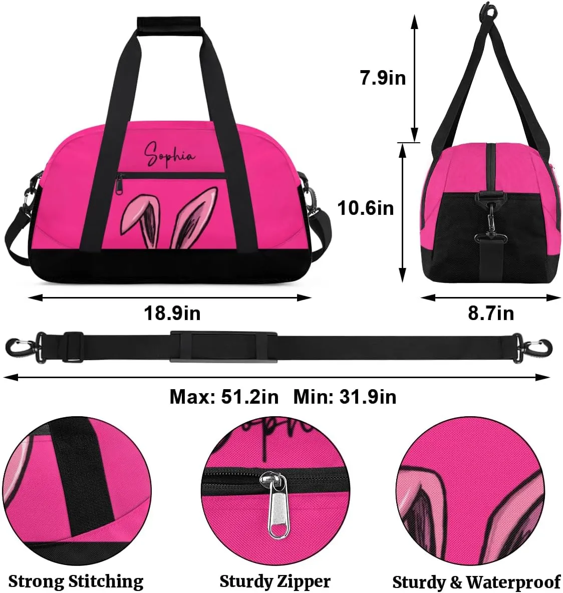 Personalized-Girls-Duffel-Bag Gym Bag with Name Small Kids Luggage-Bag Bunny Ears Pink Dance-Bag for Girls