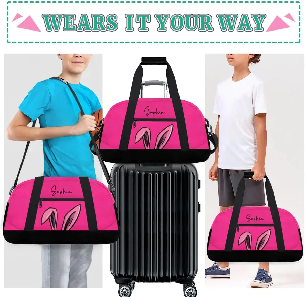 Personalized-Girls-Duffel-Bag Gym Bag with Name Small Kids Luggage-Bag Bunny Ears Pink Dance-Bag for Girls