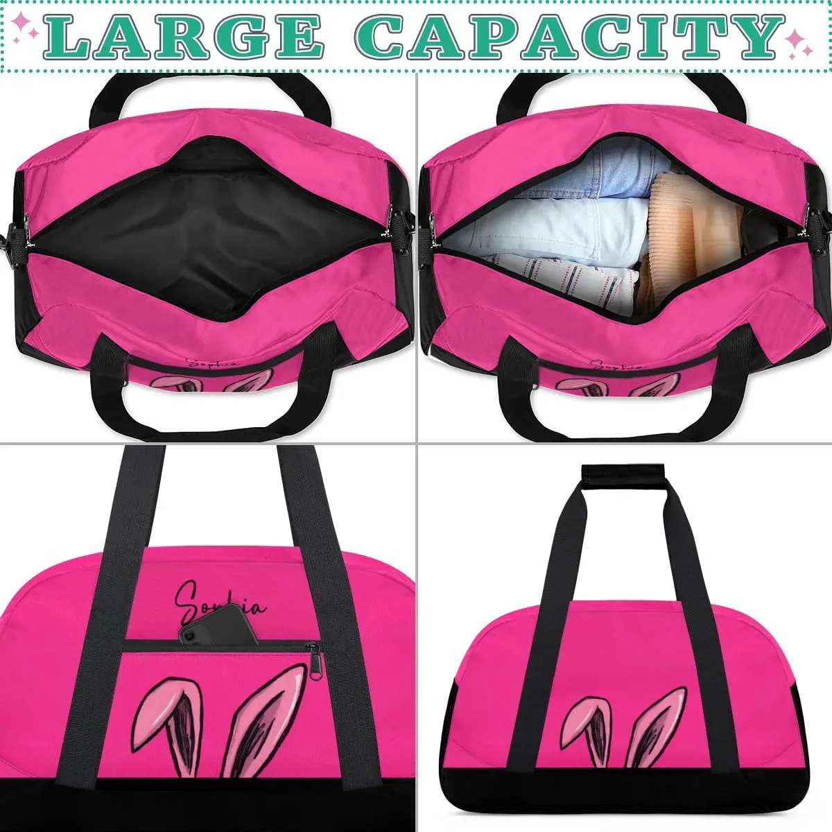 Personalized-Girls-Duffel-Bag Gym Bag with Name Small Kids Luggage-Bag Bunny Ears Pink Dance-Bag for Girls