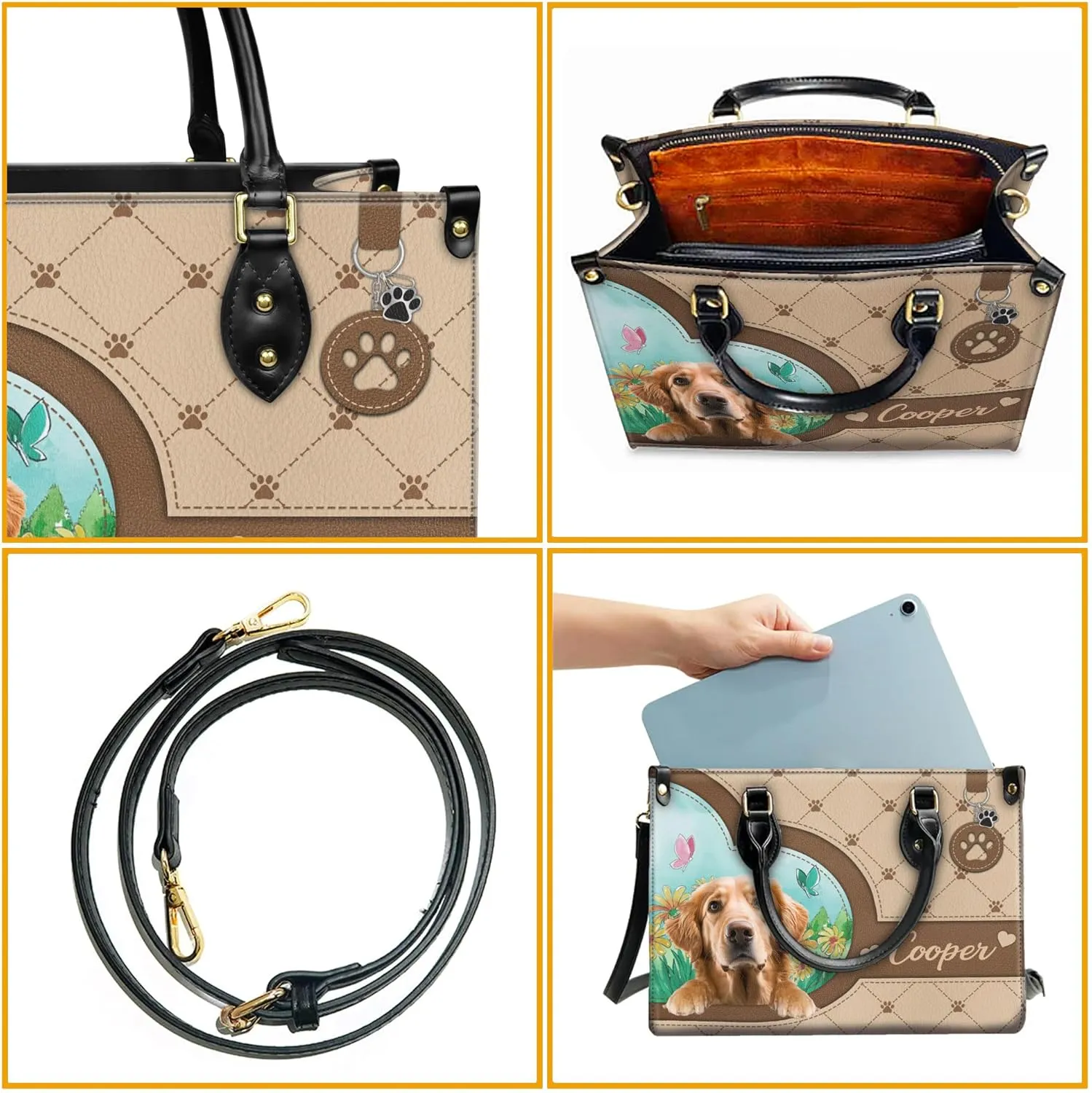 Personalized Golden Retriever Dog Handbags, Custom Name Dog Leather Bags, Purses, Shoulder Bag, Gift For Dog Mom Dog Lover