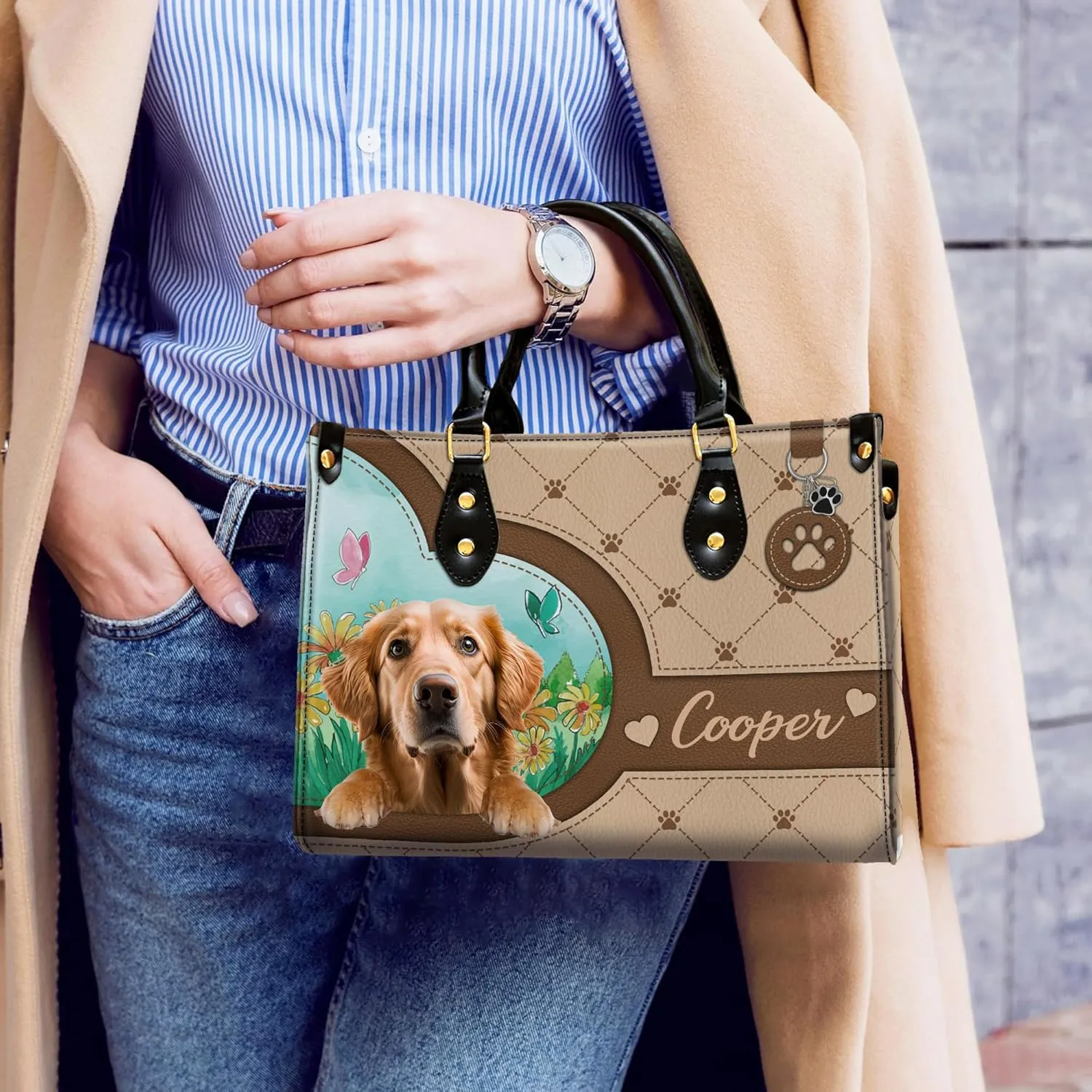 Personalized Golden Retriever Dog Handbags, Custom Name Dog Leather Bags, Purses, Shoulder Bag, Gift For Dog Mom Dog Lover