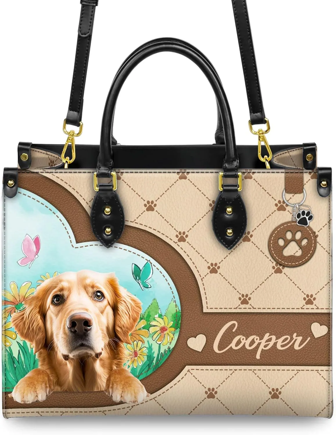 Personalized Golden Retriever Dog Handbags, Custom Name Dog Leather Bags, Purses, Shoulder Bag, Gift For Dog Mom Dog Lover