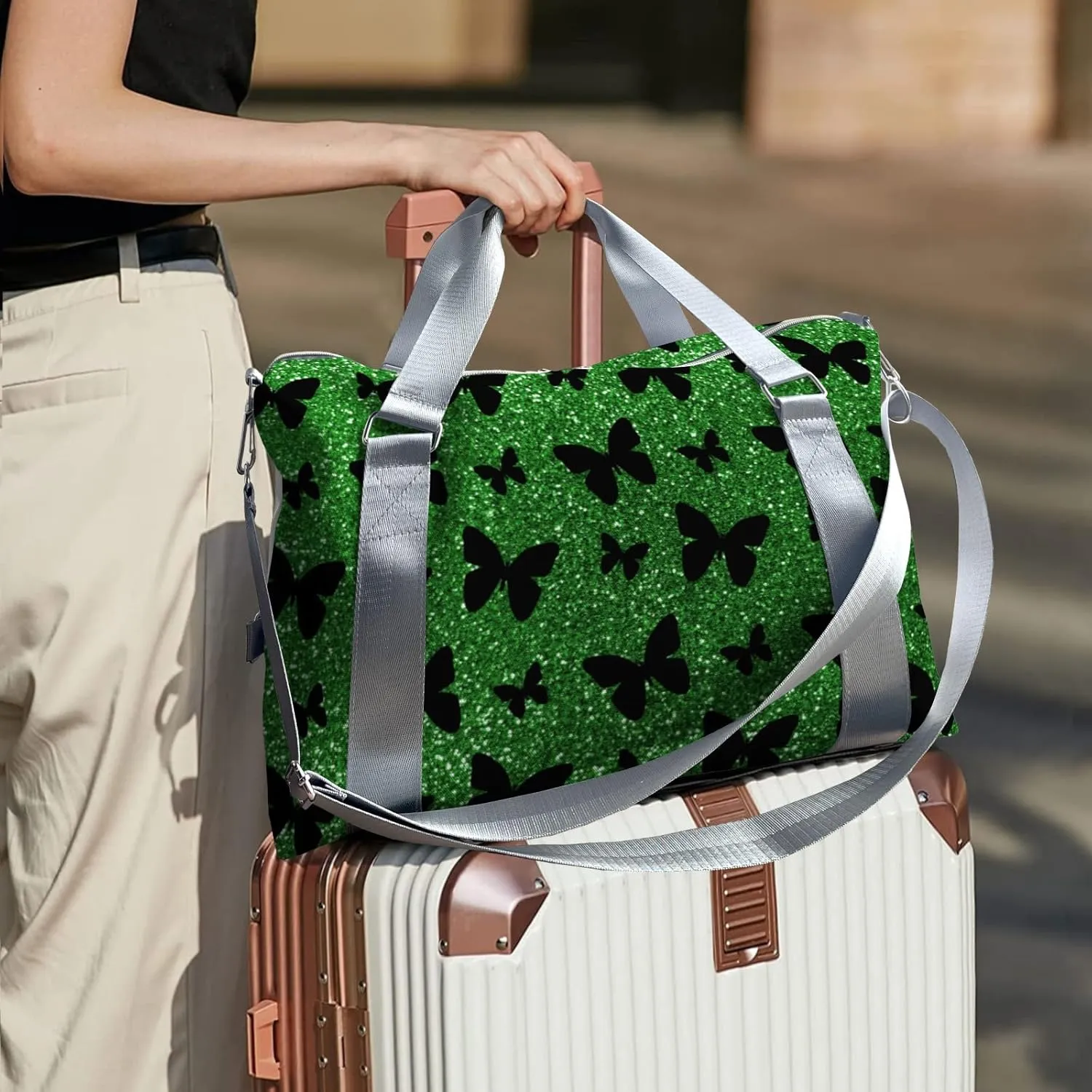 Personalized Green Glitter Butterfly Dance Bag Girls Yoga Bag Dance Bag With Name,Patch Travel Duffel Bag Women Cheerleader Bag Sport Duffle Bag for Gym Ballet