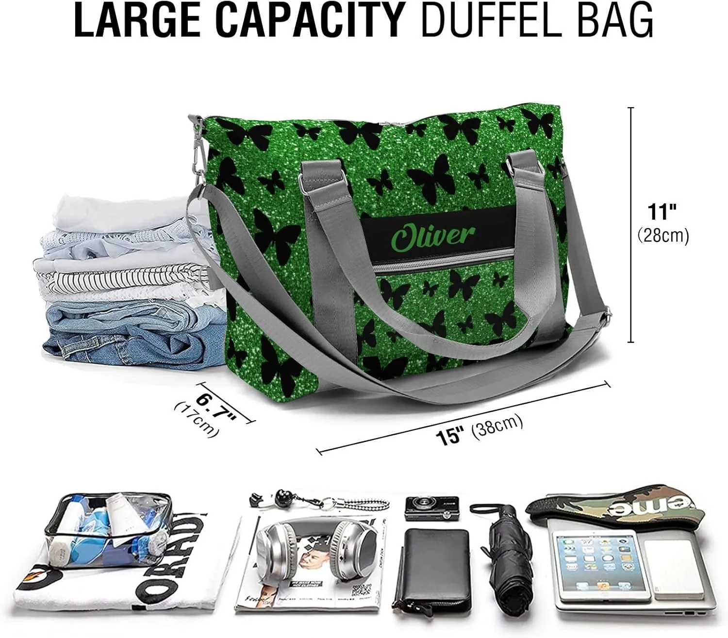 Personalized Green Glitter Butterfly Dance Bag Girls Yoga Bag Dance Bag With Name,Patch Travel Duffel Bag Women Cheerleader Bag Sport Duffle Bag for Gym Ballet