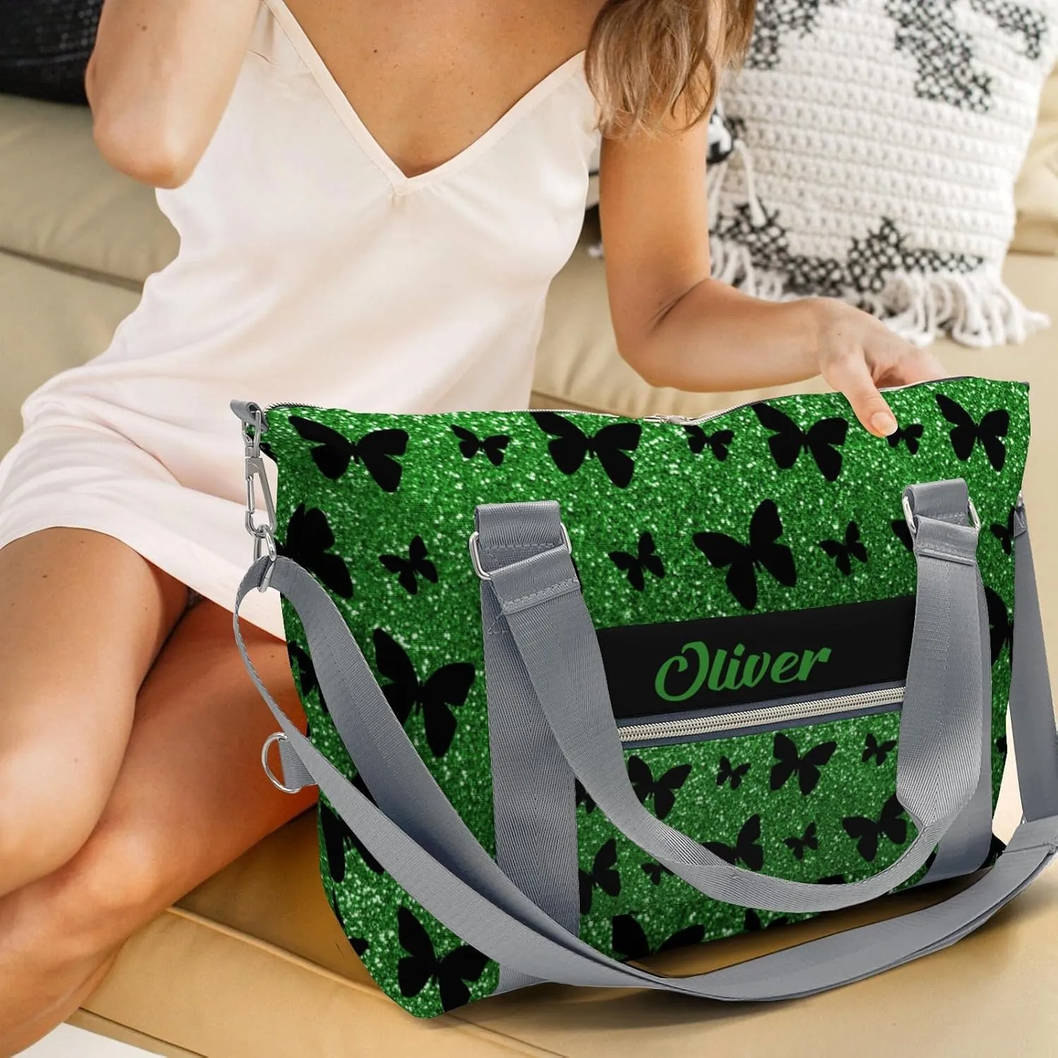 Personalized Green Glitter Butterfly Dance Bag Girls Yoga Bag Dance Bag With Name,Patch Travel Duffel Bag Women Cheerleader Bag Sport Duffle Bag for Gym Ballet