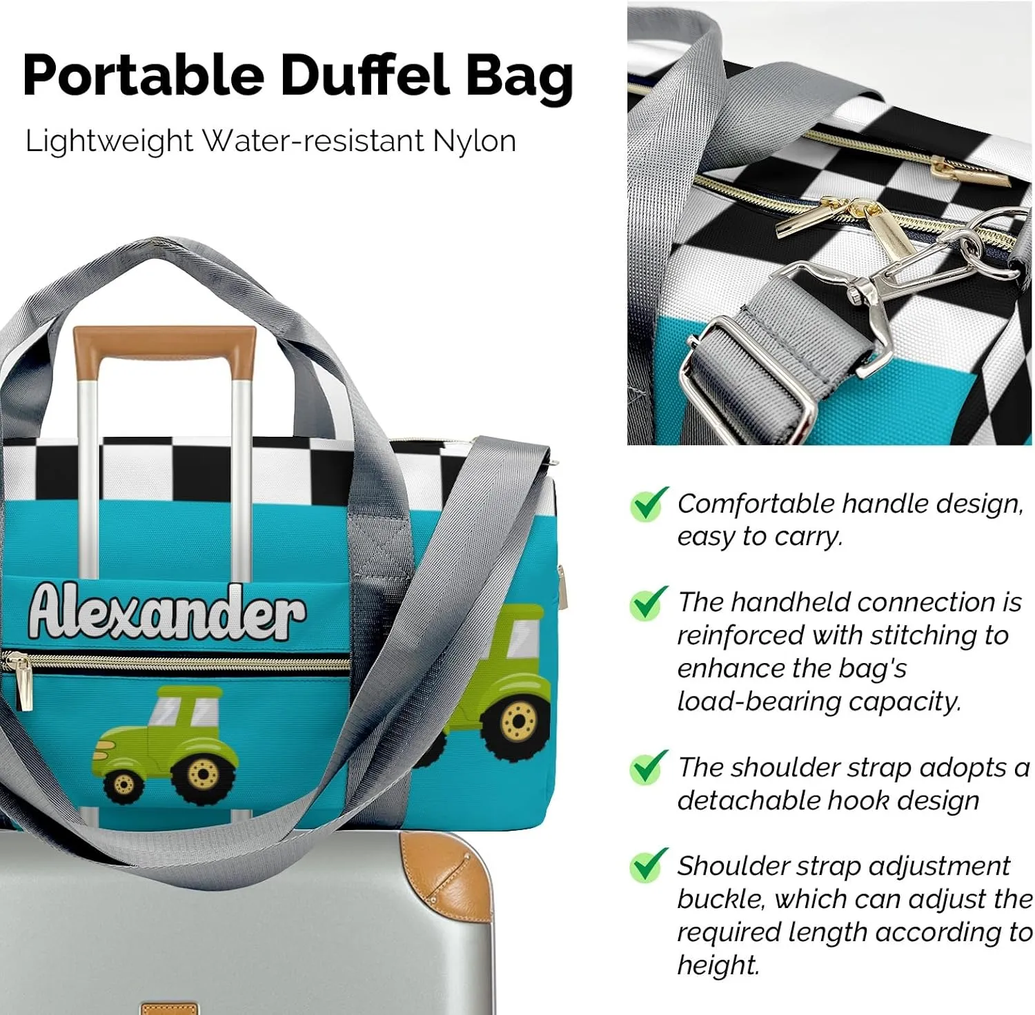 Personalized Green Truck Sky Blue Dance Bag Girls Yoga Bag Dance Bag With Name,Patch Travel Duffel Bag Women Cheerleader Bag Sport Duffle Bag for Gym Ballet