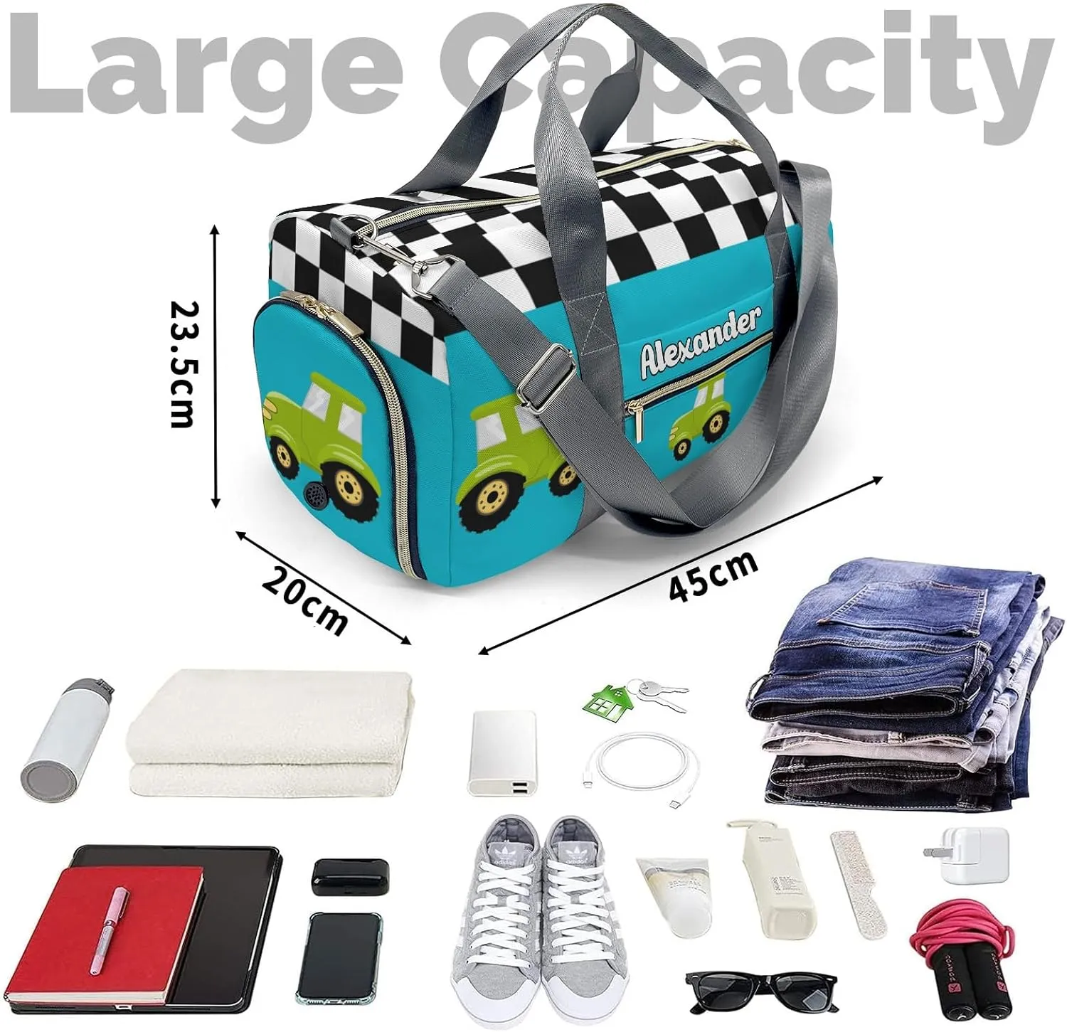 Personalized Green Truck Sky Blue Dance Bag Girls Yoga Bag Dance Bag With Name,Patch Travel Duffel Bag Women Cheerleader Bag Sport Duffle Bag for Gym Ballet