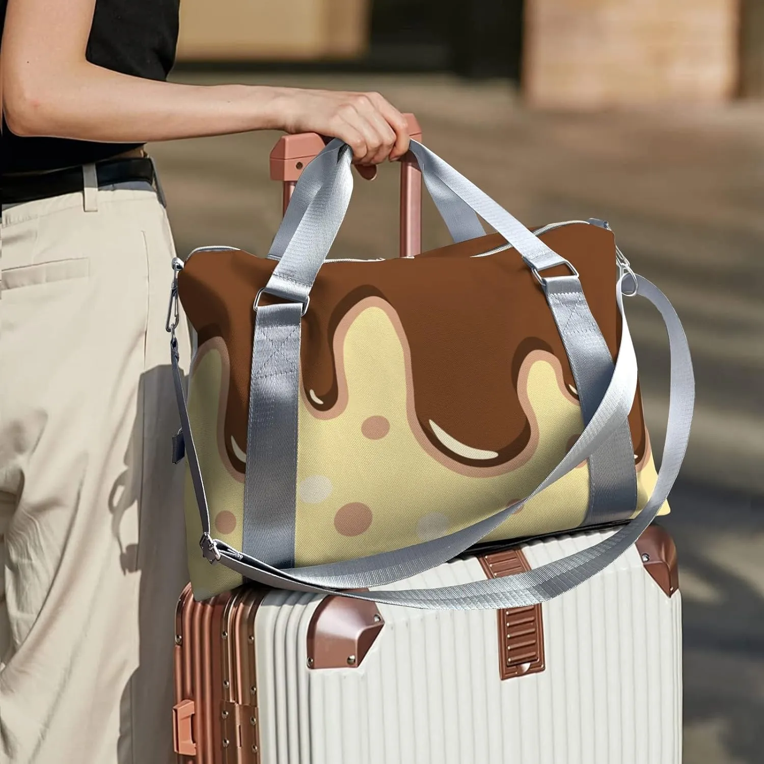 Personalized Gym Bag for Girls Teens,Brown Drippings Point on Yellow Custom Dance Bag Overnight Small Duffel Bag Carry On Weekend Sports Travel Bag for Practice Gymnastics Ballet