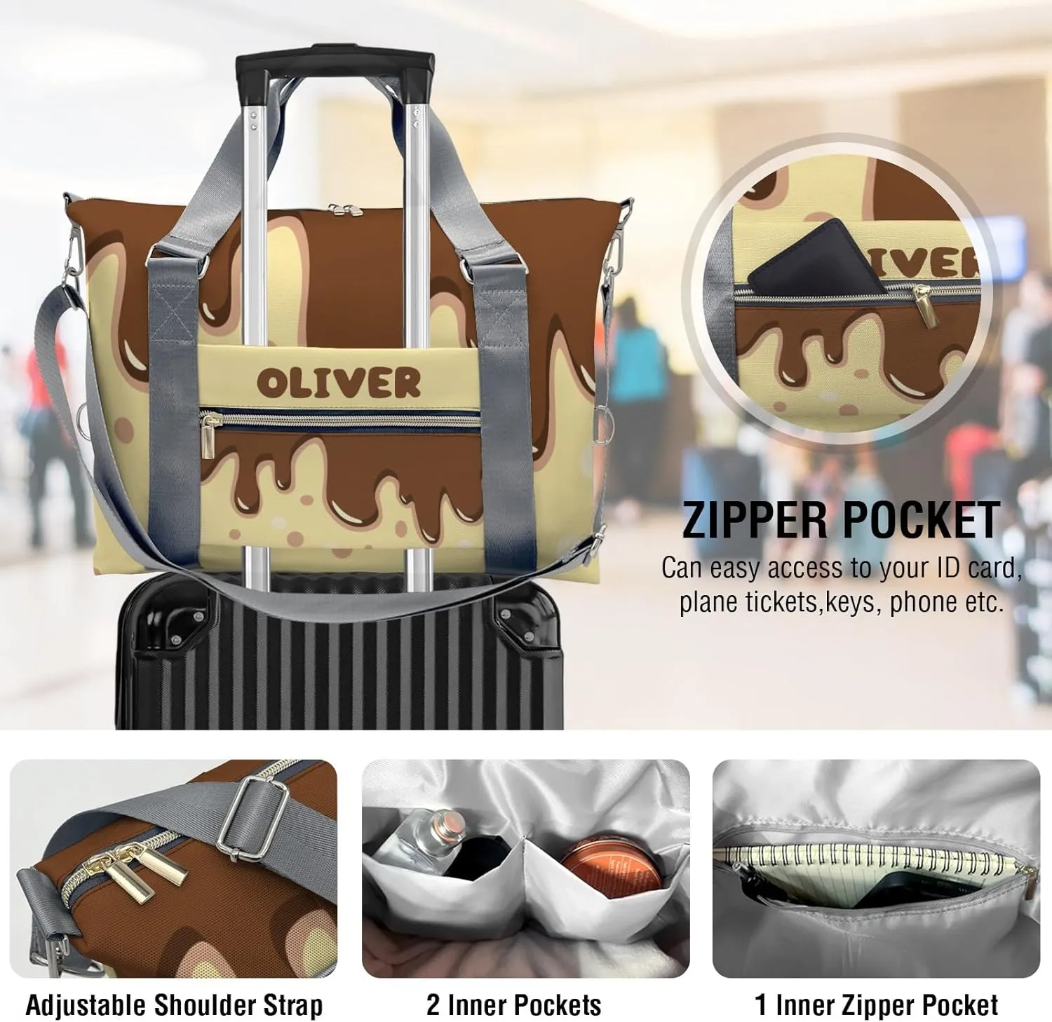 Personalized Gym Bag for Girls Teens,Brown Drippings Point on Yellow Custom Dance Bag Overnight Small Duffel Bag Carry On Weekend Sports Travel Bag for Practice Gymnastics Ballet