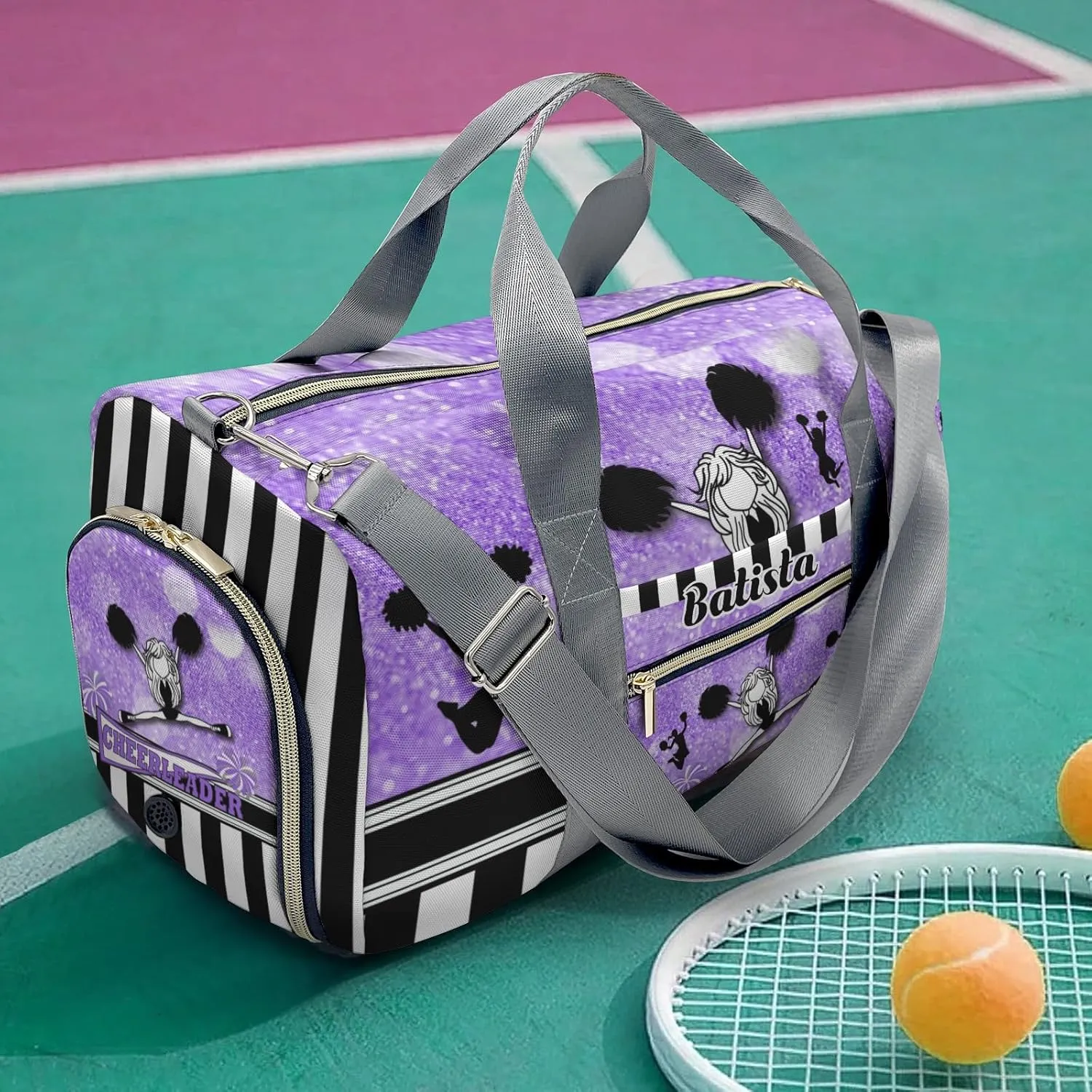 Personalized Gym Bag for Girls Teens,Cheerleader Girl Sparkly Purple Stripes Custom Dance Bag Overnight Small Duffel Bag Carry On Weekend Sports Travel Bag for Practice Gymnastics Ballet