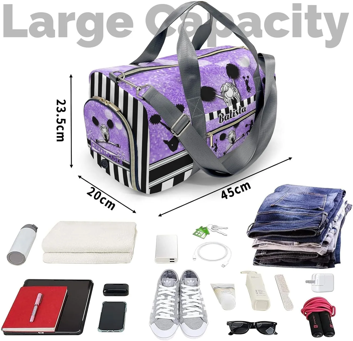 Personalized Gym Bag for Girls Teens,Cheerleader Girl Sparkly Purple Stripes Custom Dance Bag Overnight Small Duffel Bag Carry On Weekend Sports Travel Bag for Practice Gymnastics Ballet