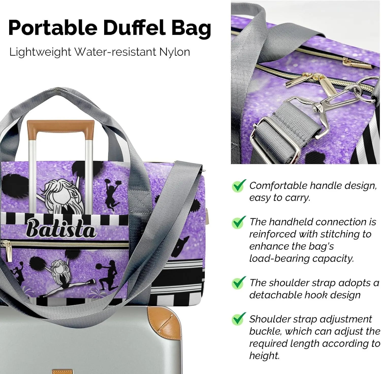 Personalized Gym Bag for Girls Teens,Cheerleader Girl Sparkly Purple Stripes Custom Dance Bag Overnight Small Duffel Bag Carry On Weekend Sports Travel Bag for Practice Gymnastics Ballet