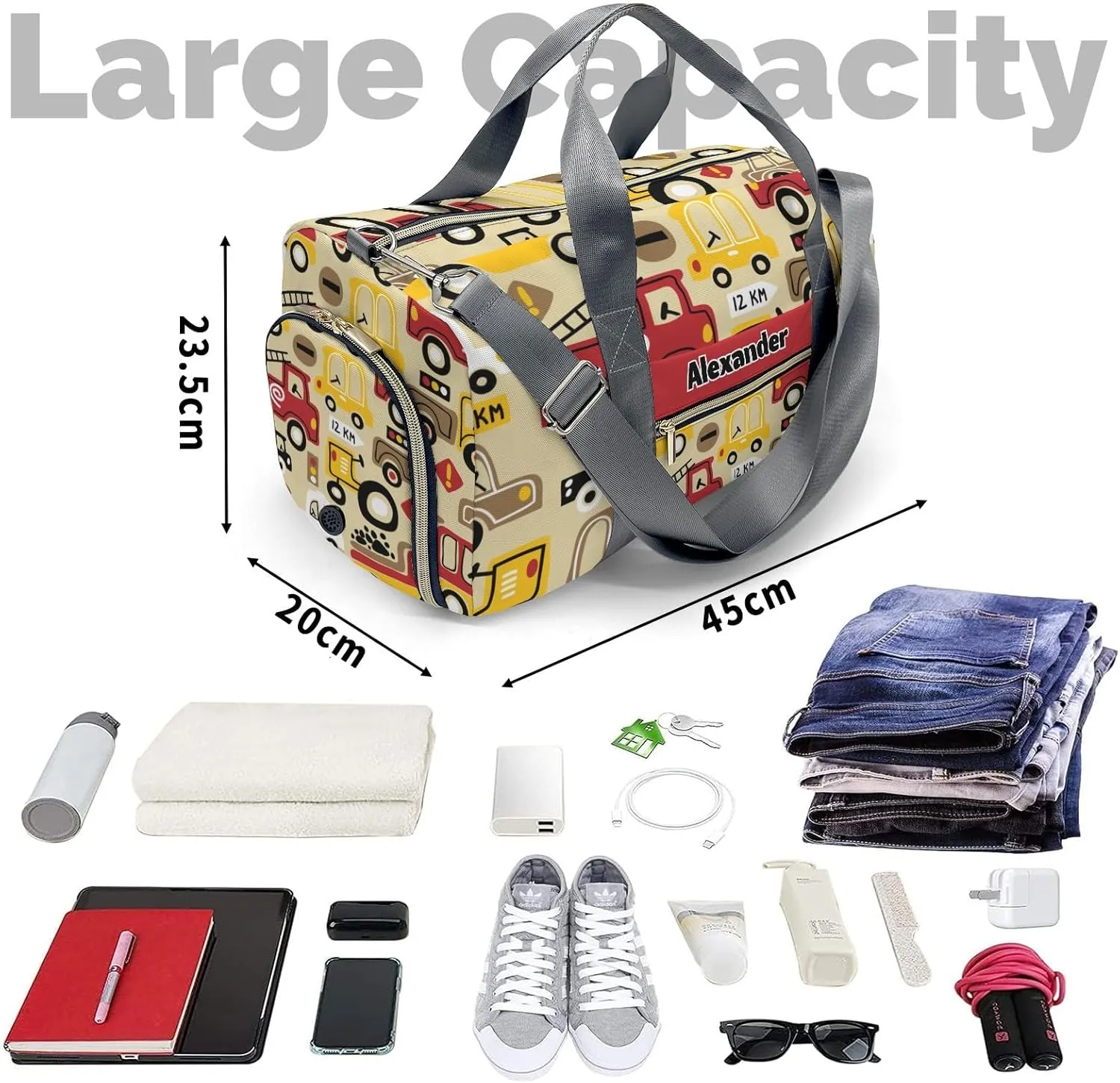 Personalized Gym Bag for Girls Teens,Construction Truck Red Yellow Custom Dance Bag Overnight Small Duffel Bag Carry On Weekend Sports Travel Bag for Practice Gymnastics Ballet