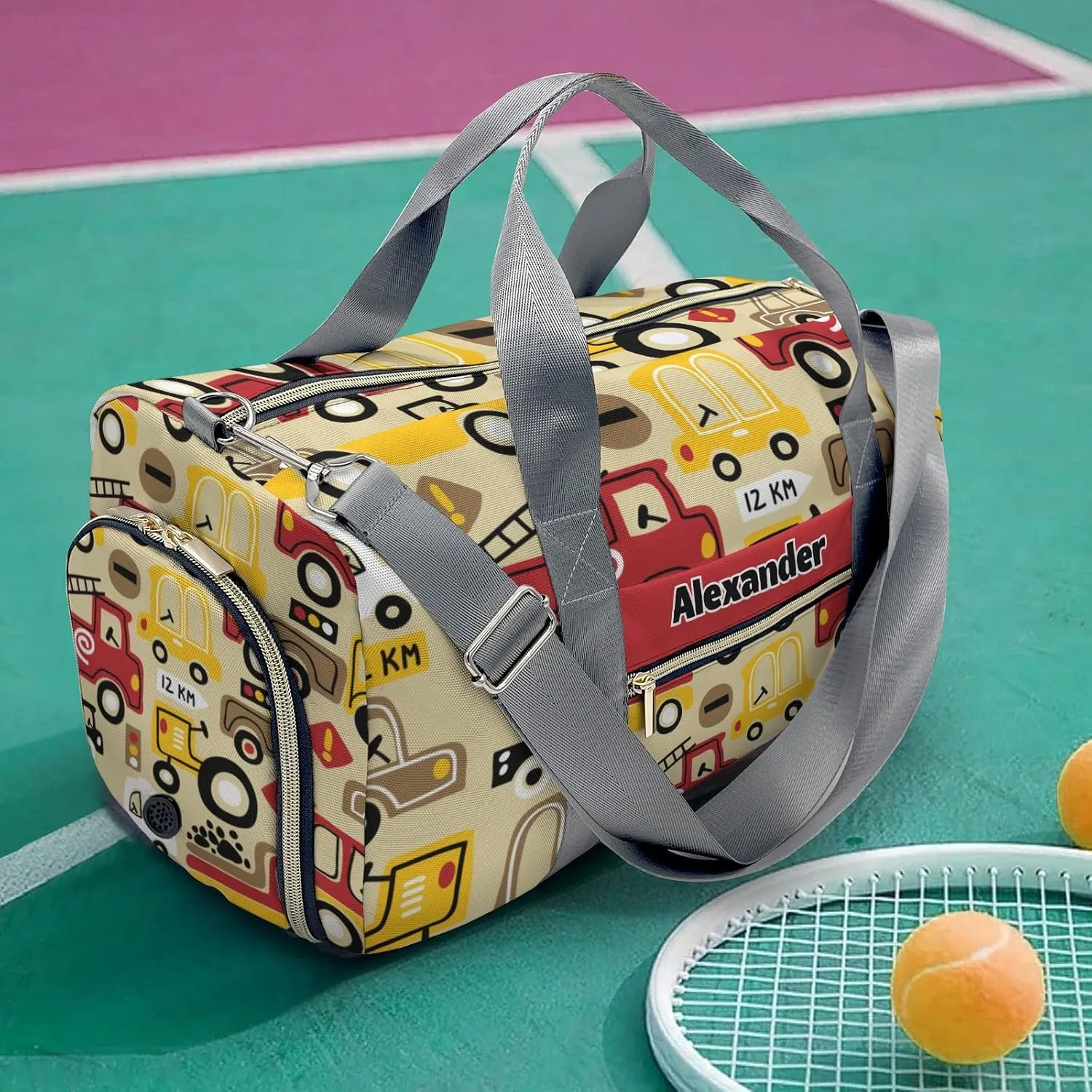 Personalized Gym Bag for Girls Teens,Construction Truck Red Yellow Custom Dance Bag Overnight Small Duffel Bag Carry On Weekend Sports Travel Bag for Practice Gymnastics Ballet