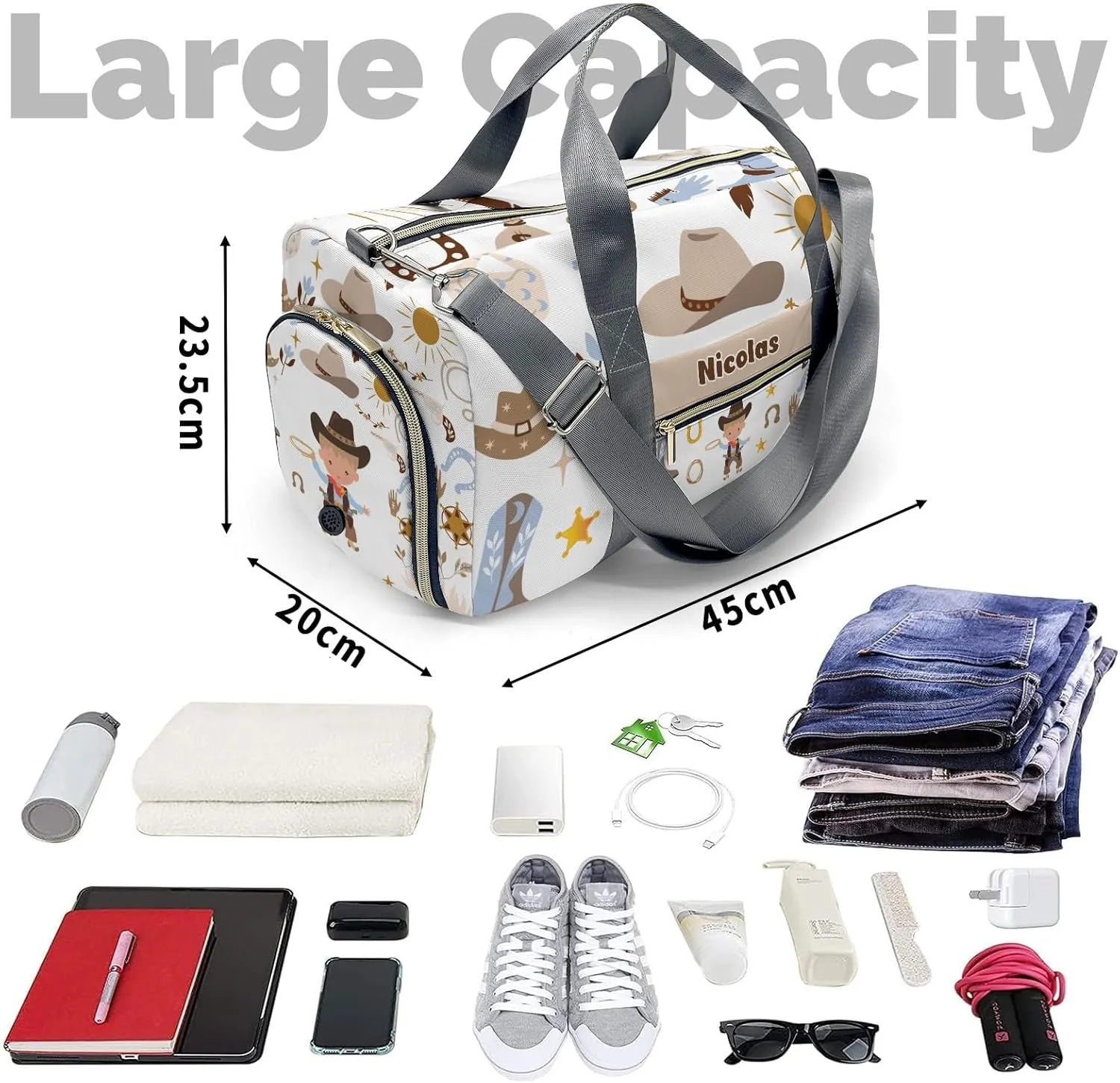 Personalized Gym Bag for Girls Teens,Rodeo Cowboy Western Custom Dance Bag Overnight Small Duffel Bag Carry On Weekend Sports Travel Bag for Practice Gymnastics Ballet