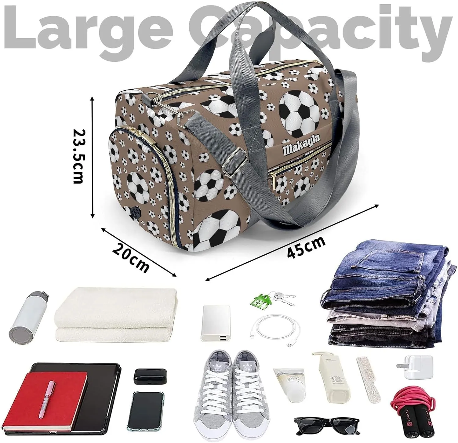 Personalized Gym Bag for Girls Teens,Sport Soccer Balls Brown Custom Dance Bag Overnight Small Duffel Bag Carry On Weekend Sports Travel Bag for Practice Gymnastics