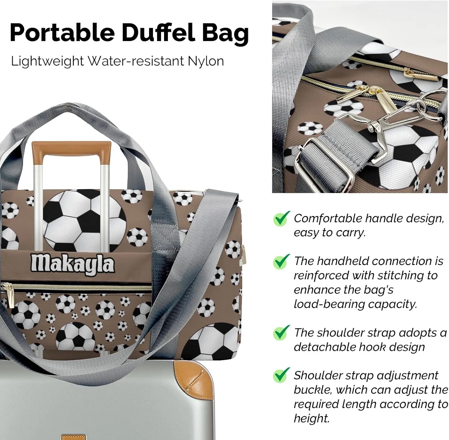 Personalized Gym Bag for Girls Teens,Sport Soccer Balls Brown Custom Dance Bag Overnight Small Duffel Bag Carry On Weekend Sports Travel Bag for Practice Gymnastics