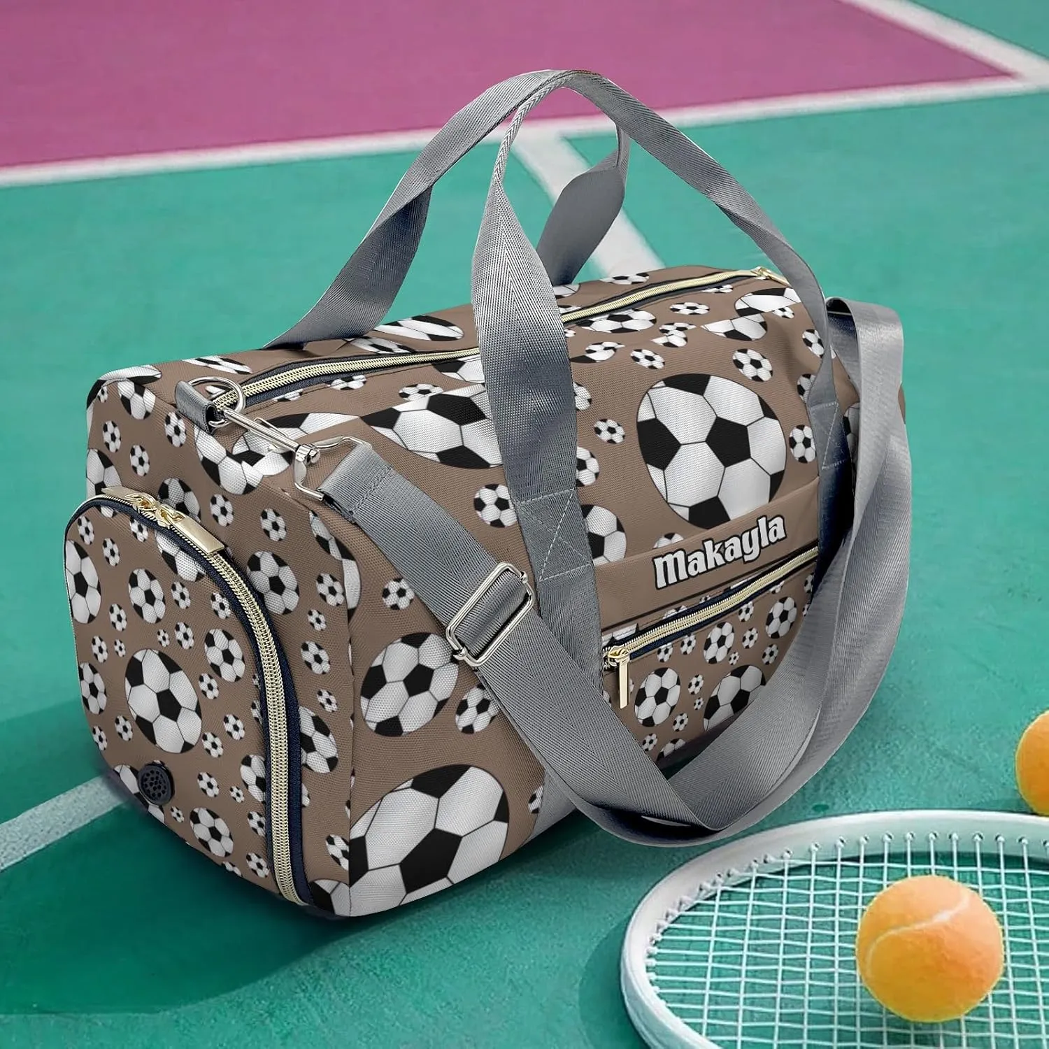 Personalized Gym Bag for Girls Teens,Sport Soccer Balls Brown Custom Dance Bag Overnight Small Duffel Bag Carry On Weekend Sports Travel Bag for Practice Gymnastics