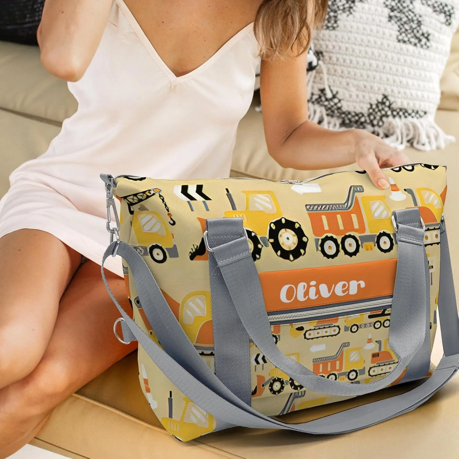 Personalized Gym Bag for Girls Teens,Truck Orange Yellow Custom Dance Bag Overnight Small Duffel Bag Carry On Weekend Sports Travel Bag for Practice Gymnastics Ballet