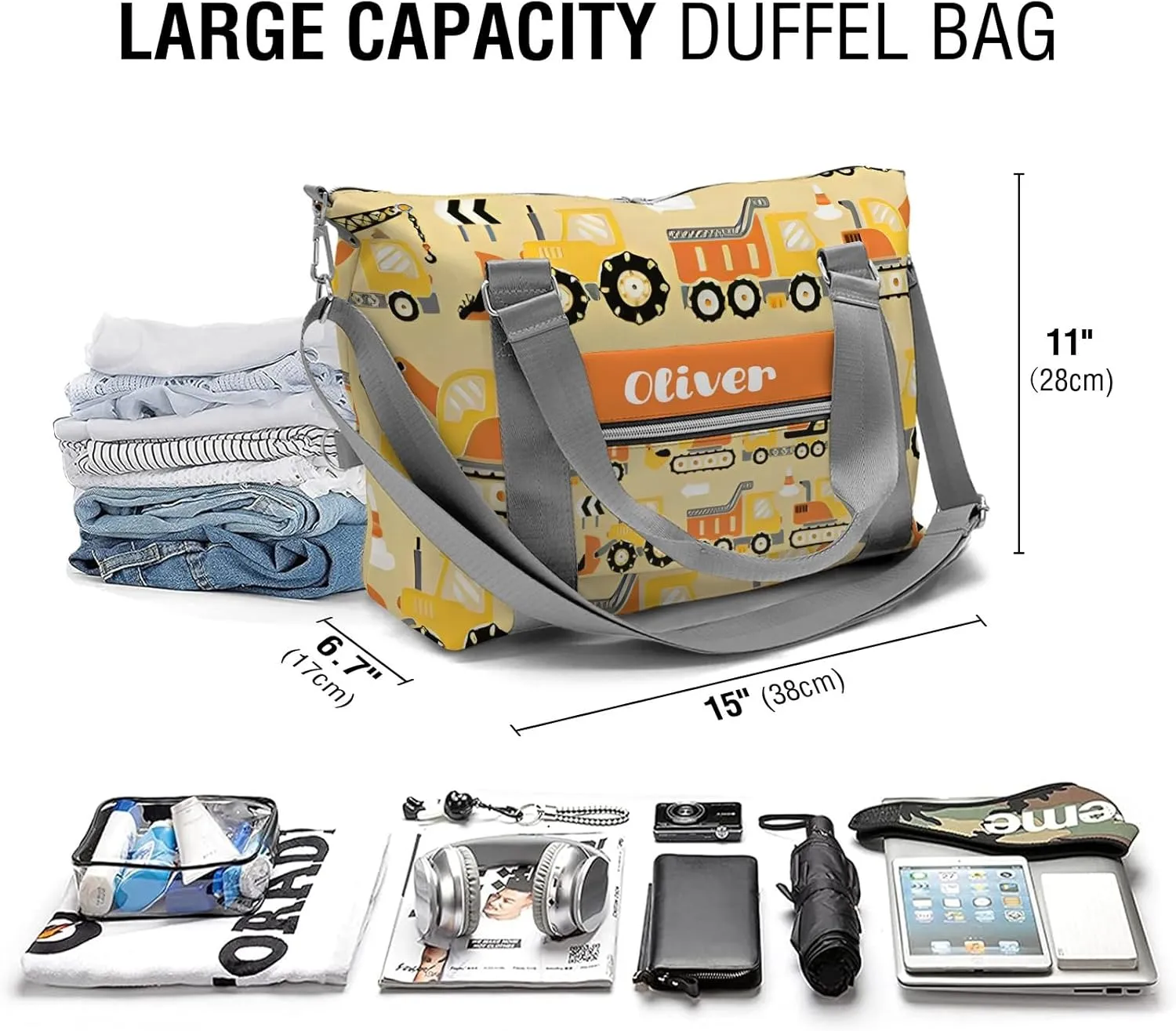 Personalized Gym Bag for Girls Teens,Truck Orange Yellow Custom Dance Bag Overnight Small Duffel Bag Carry On Weekend Sports Travel Bag for Practice Gymnastics Ballet