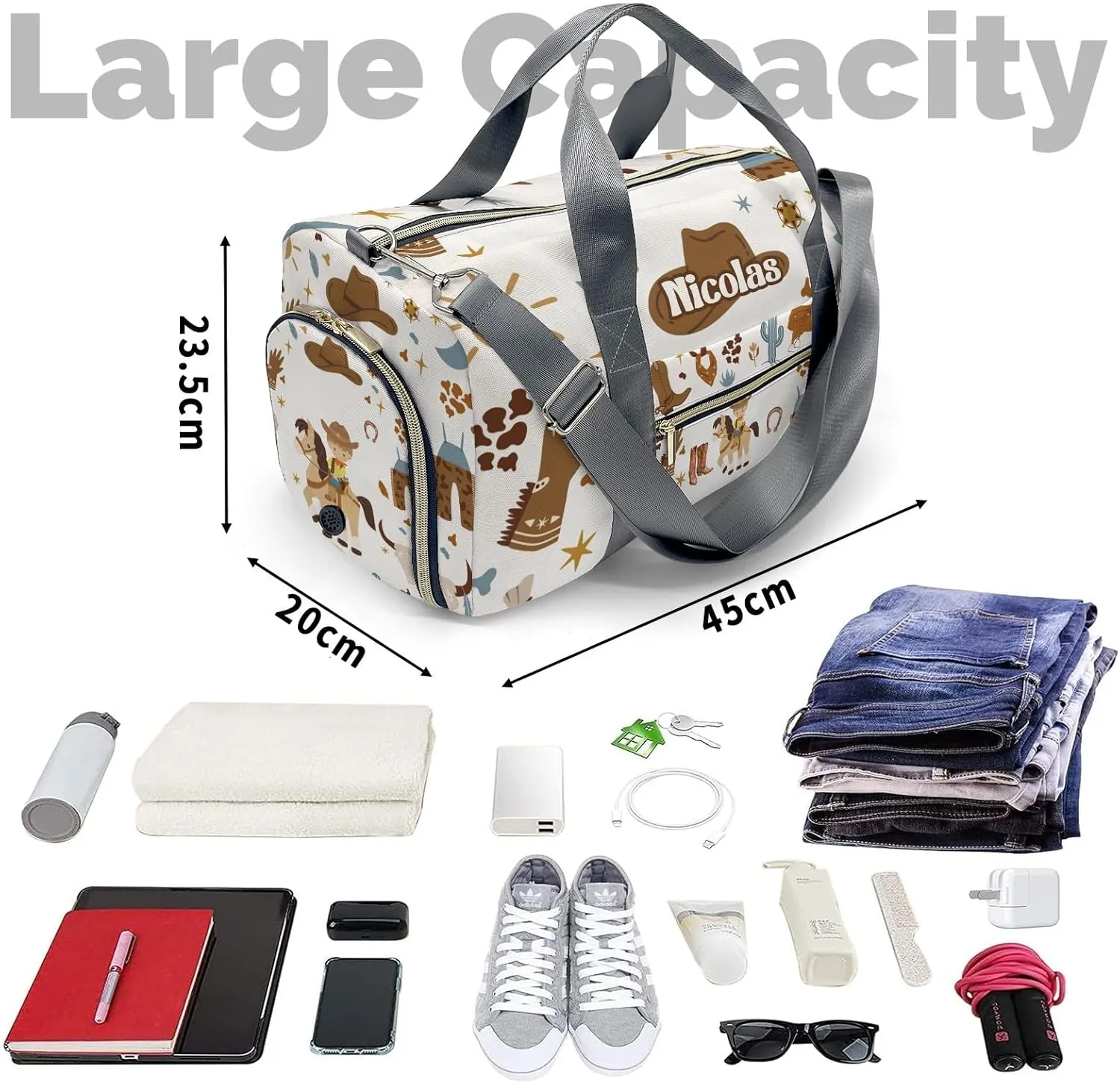 Personalized Gym Bag for Girls Teens,Western Cowboy Wild Life Custom Dance Bag Overnight Small Duffel Bag Carry On Weekend Sports Travel Bag for Practice Gymnastics Ballet