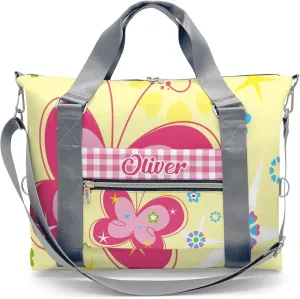 Personalized Gym Dance Bag for Girls Boys,Butterfly Pink Plaid Garden Custom Name Sport Duffel Bag Weekender Bags Carry On Travel Duffel Bag