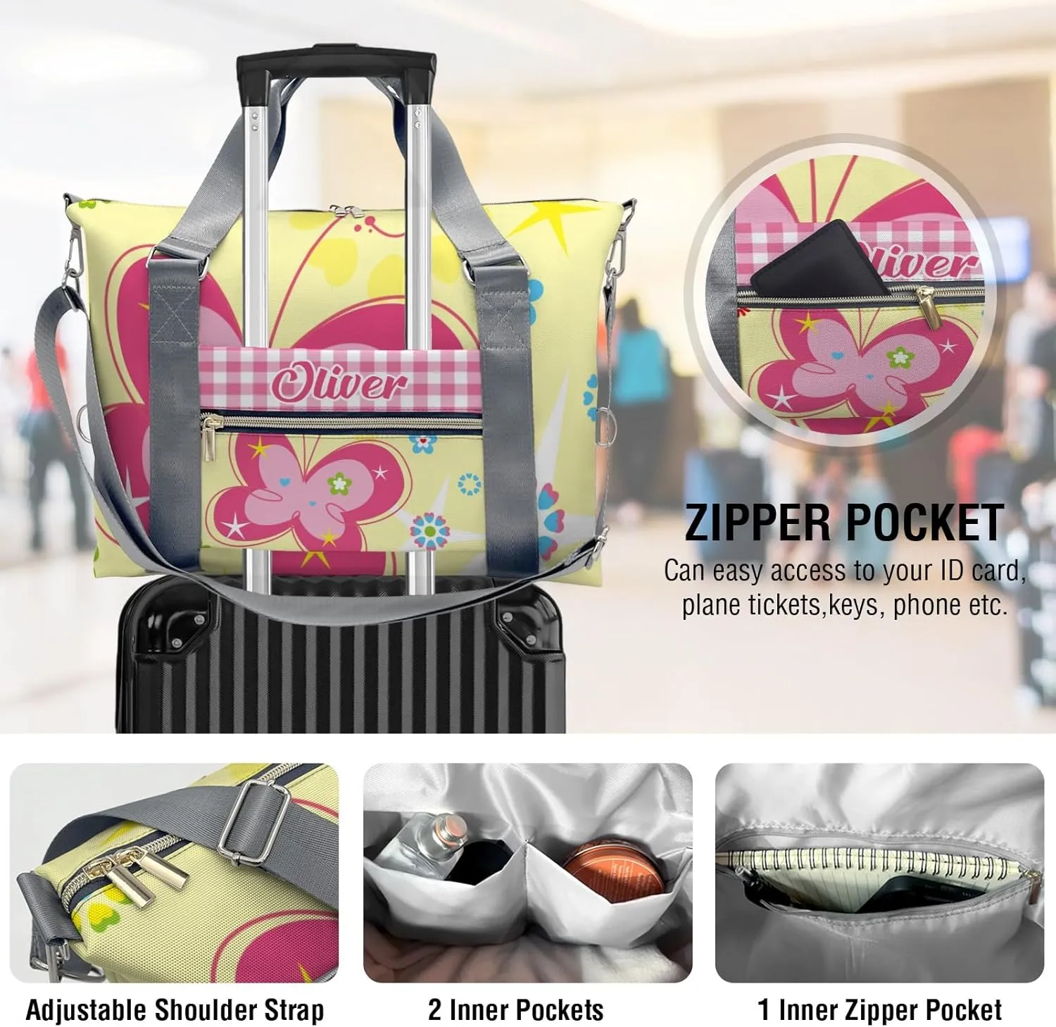 Personalized Gym Dance Bag for Girls Boys,Butterfly Pink Plaid Garden Custom Name Sport Duffel Bag Weekender Bags Carry On Travel Duffel Bag